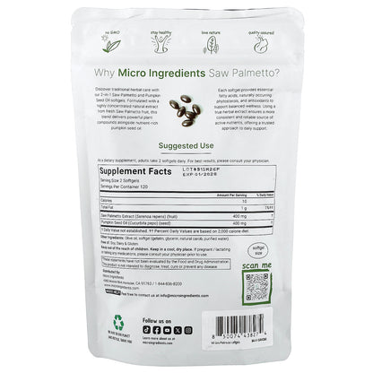 Micro Ingredients, Saw Palmetto with Pumpkin Seed Oil, 240 Softgels