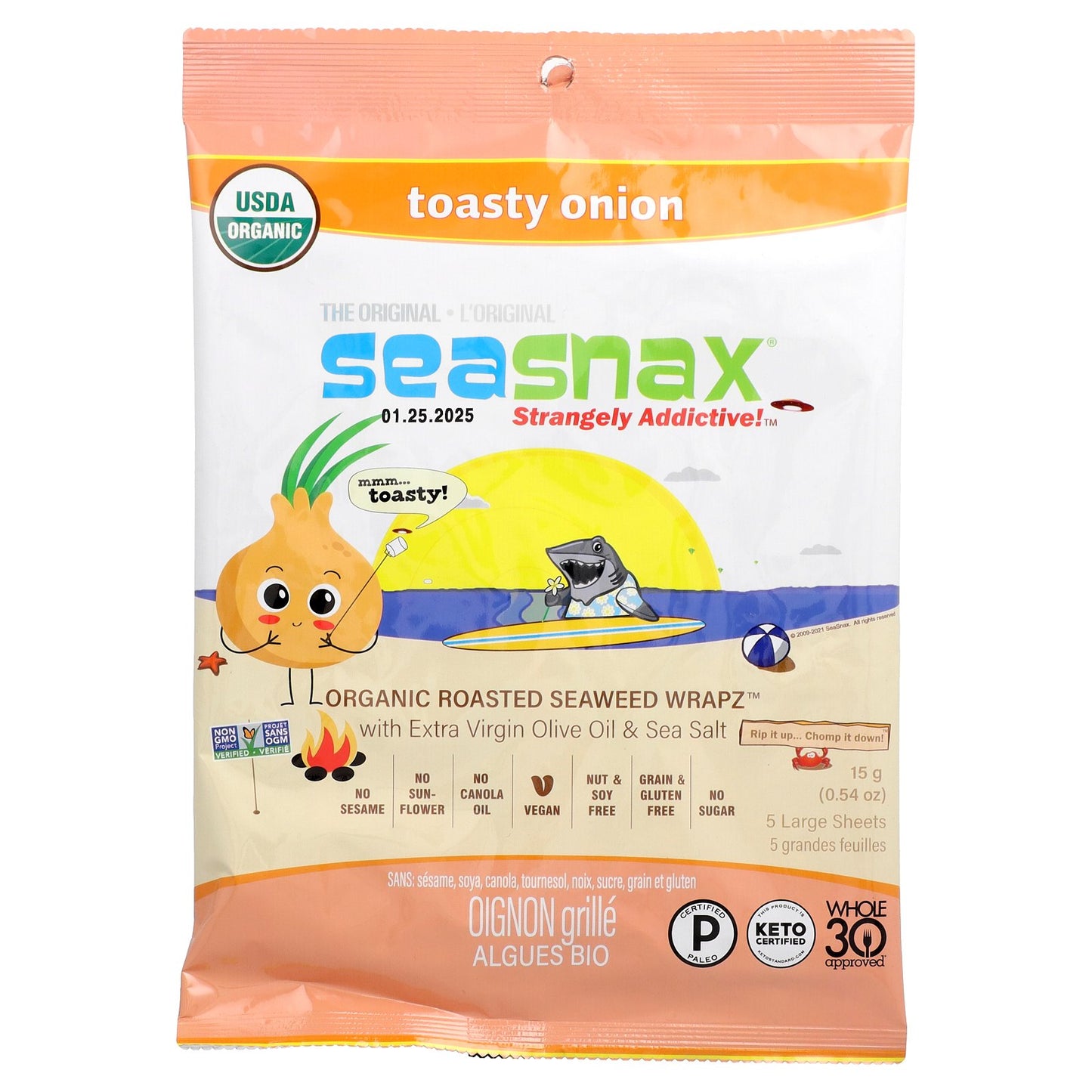 SeaSnax, Organic Roasted Seaweed Wrapz with Extra Virgin Olive Oil & Sea Salt, Toasty Onion, 5 Large Sheets, 0.54 oz (15 g)