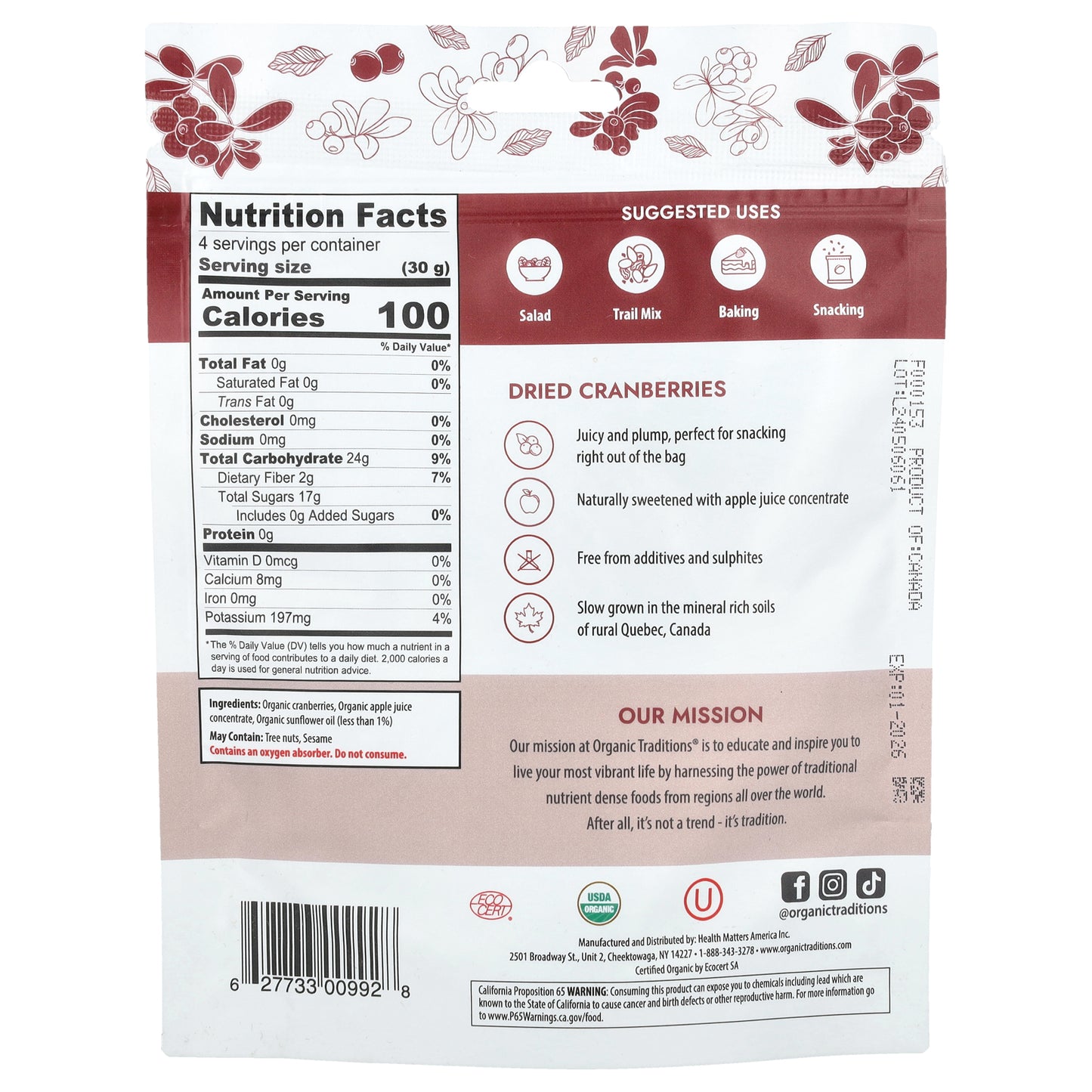 Organic Traditions, Dried Cranberries, 4 oz (113 g)