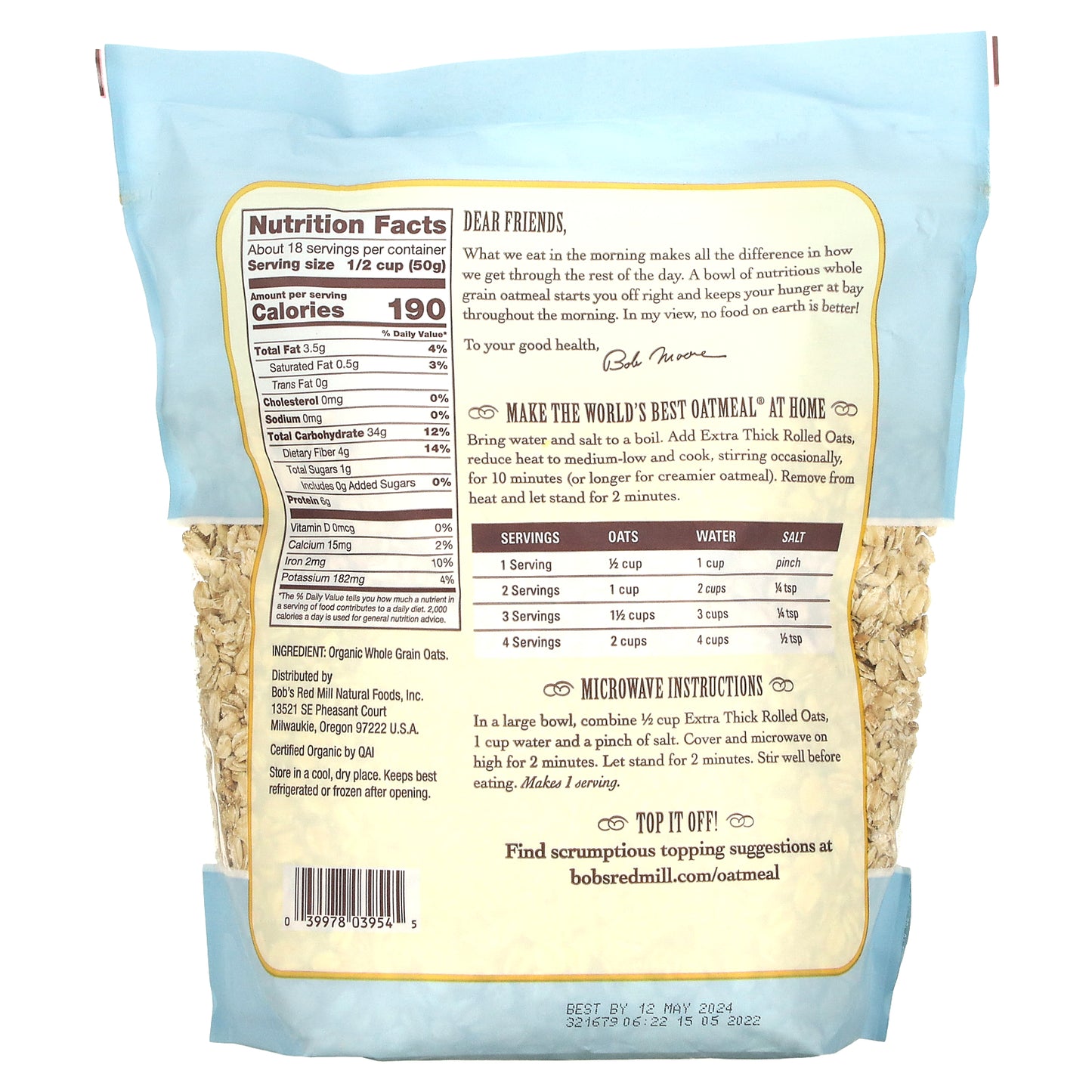 Bob's Red Mill, Organic Extra Thick Rolled Oats, Whole Grain, 32 oz (907 g)