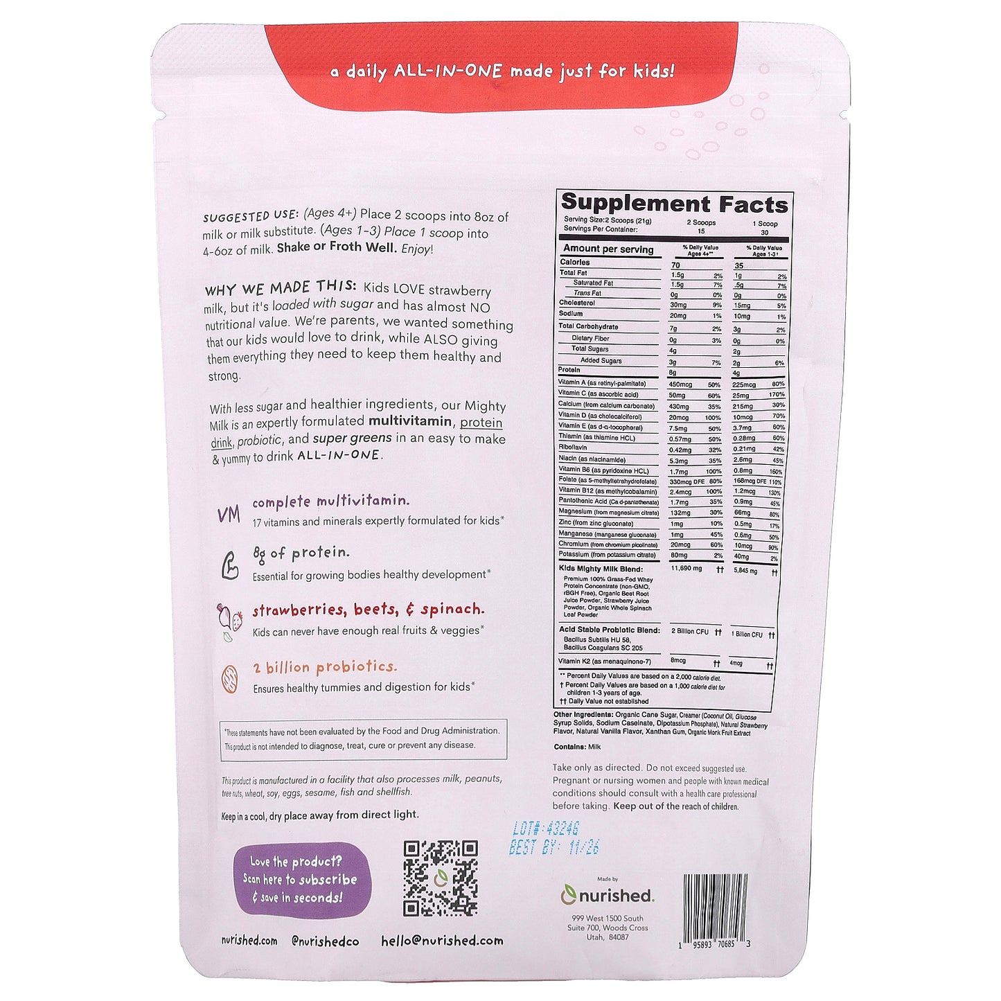 Nurished, Kids, Mighty Milk, Strawberry, 11.1 oz (315 g)