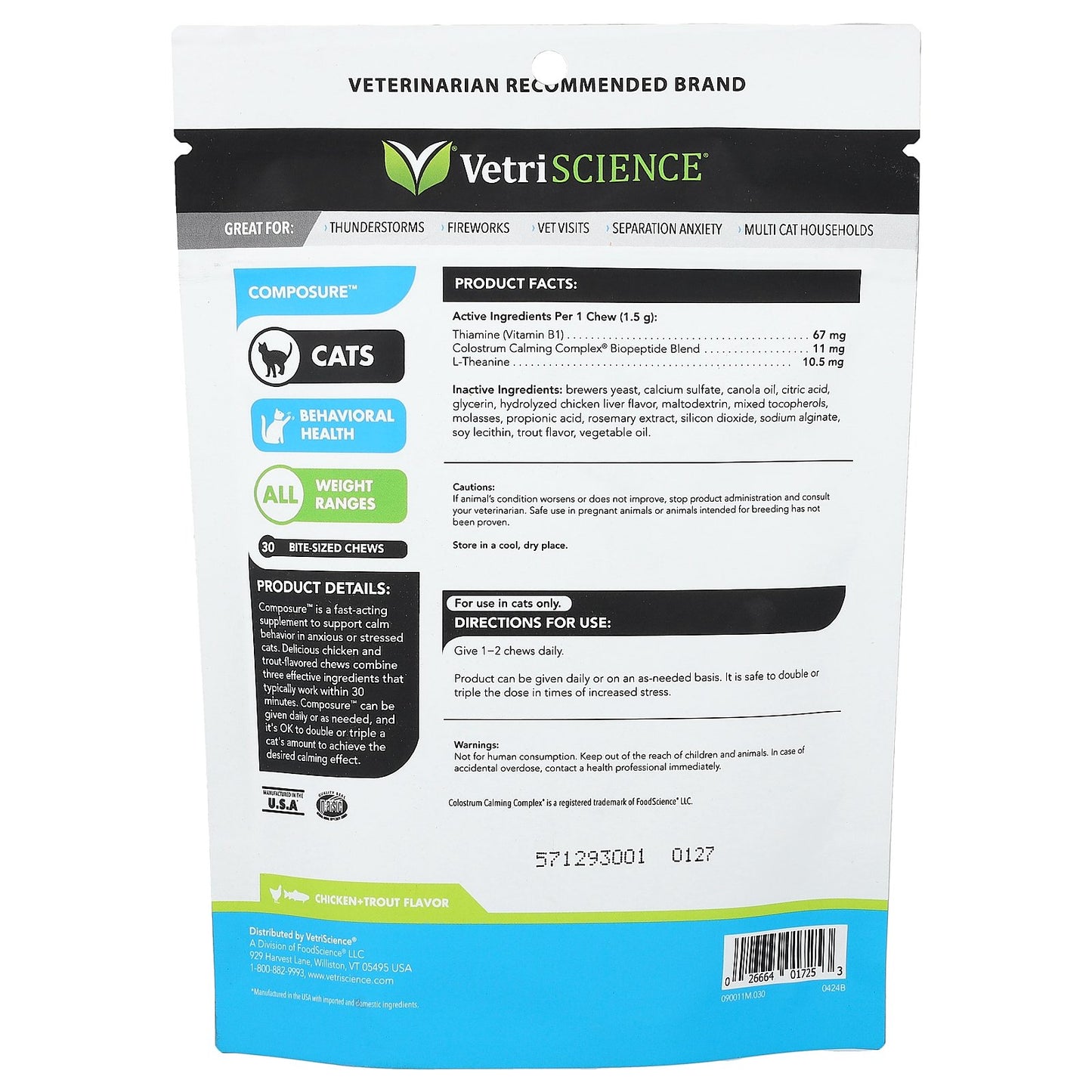 VetriScience, Composure™, For All Cats, Chicken + Trout, 30 Bite-Sized Chews, 1.59 oz (45 g)