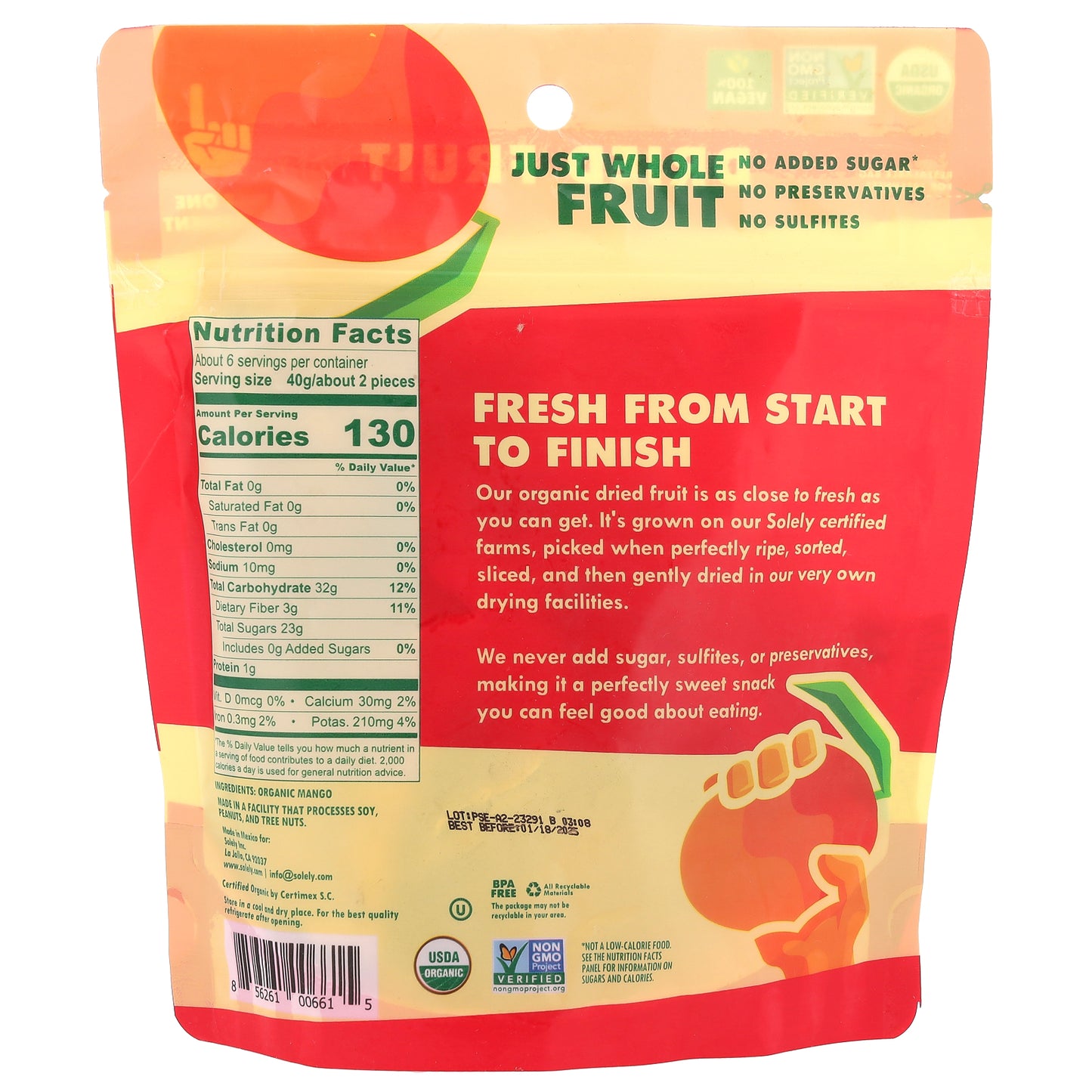 Solely, Organic Dried Fruit, Mango Halves, 8 oz (227 g)