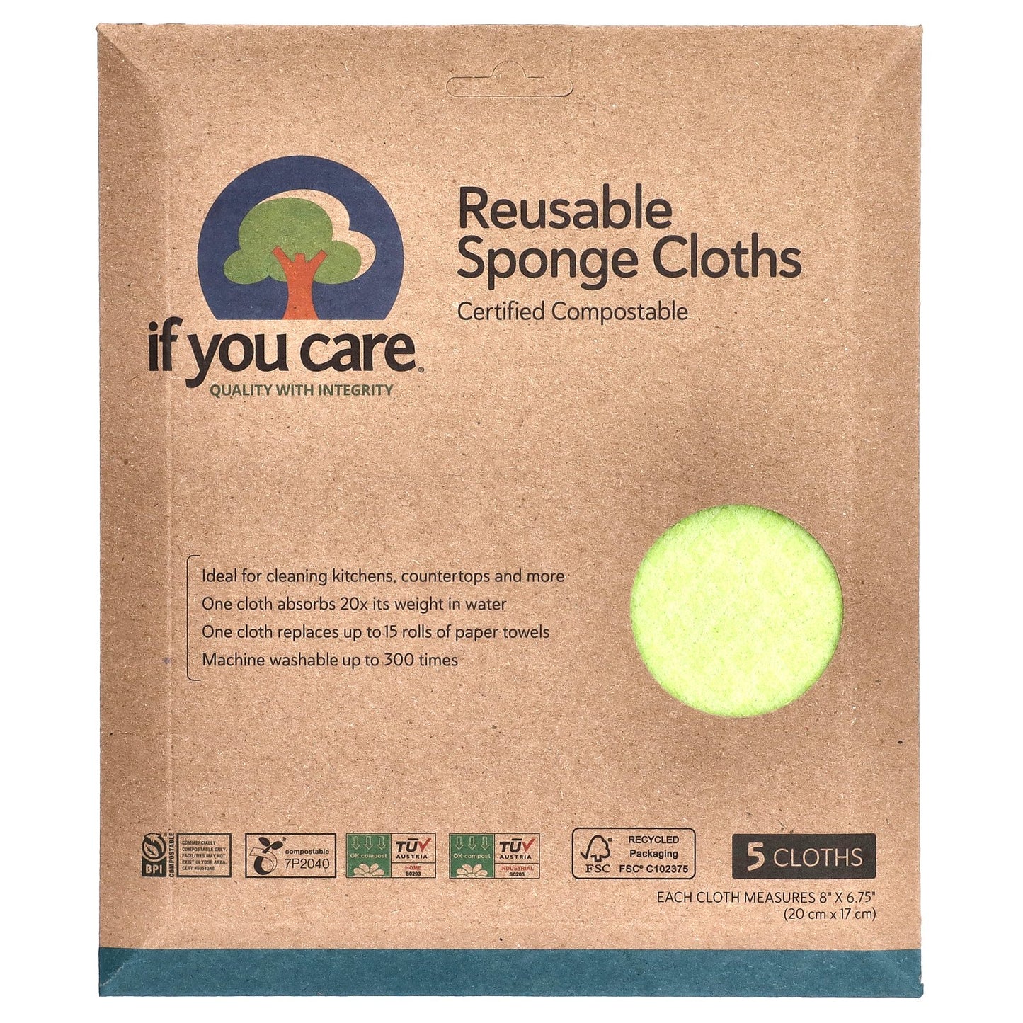 If You Care, Reusable Sponge Cloths, 5 Cloths, 8" x 6.75" (20 cm x 17 cm) Each