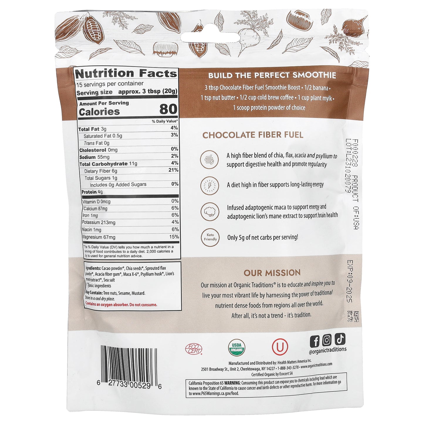 Organic Traditions, Fiber Fuel Smoothie Boost, Chocolate, 10.6 oz (300 g)