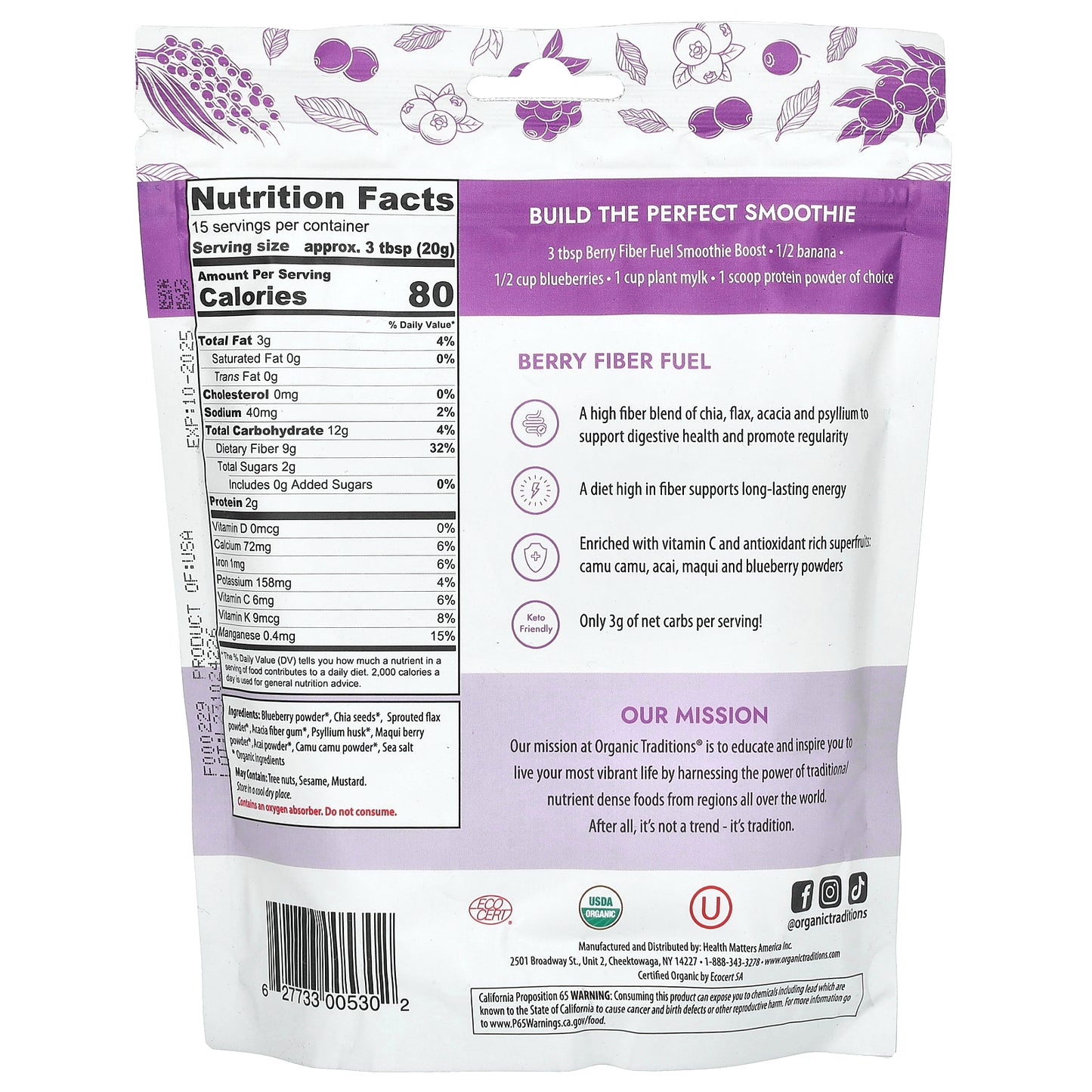 Organic Traditions, Fiber Fuel Smoothie Boost, Berry, 10.6 oz (300 g)