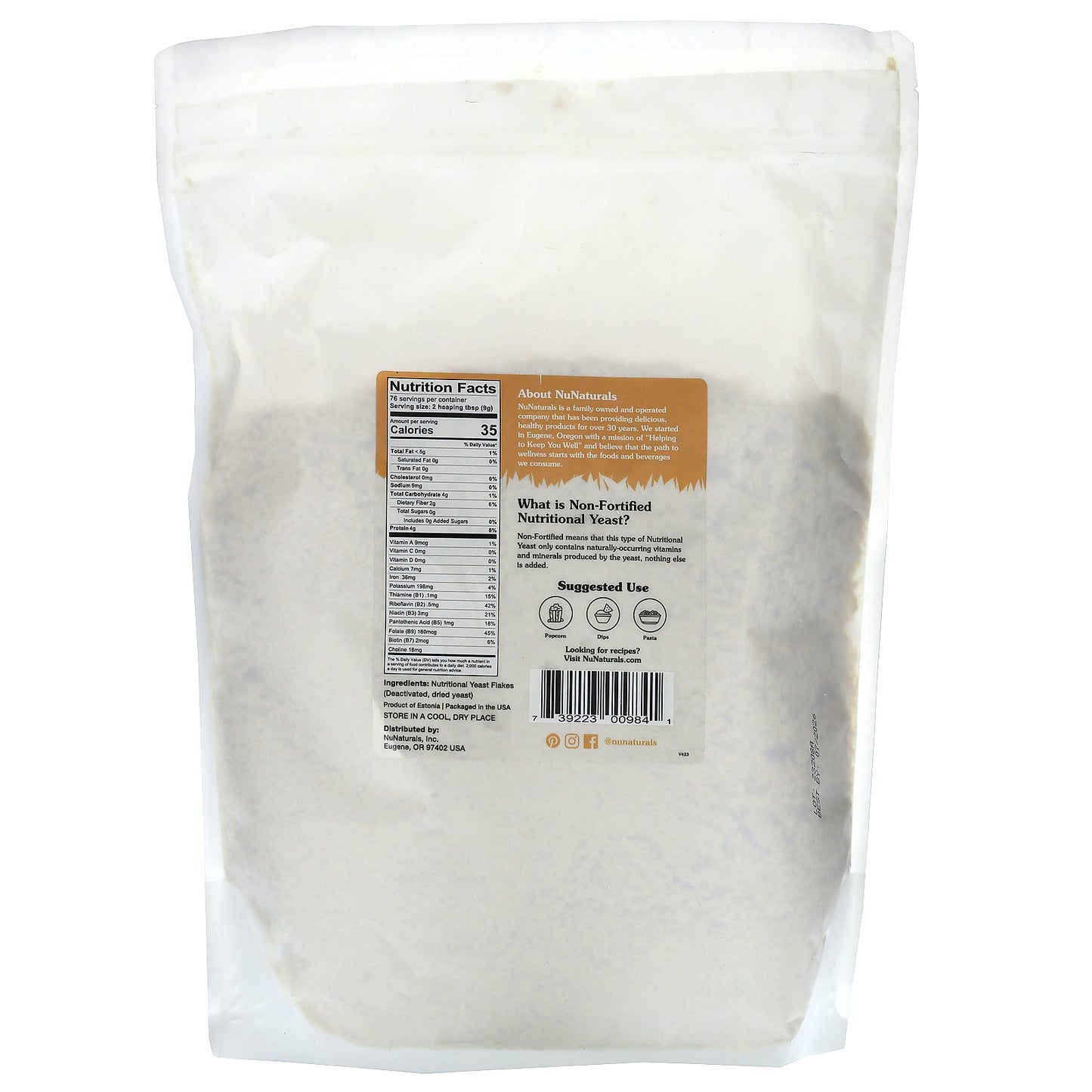 NuNaturals, Non-Fortified Nutritional Yeast Flakes, 1.5 lb (681 g)