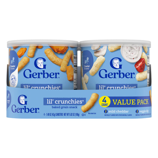 Gerber, Snacks for Baby, Lil' Crunchies, Baked Grain Snack, 8+ Months, Mild Cheddar and Veggie Dip, 4 Canisters, 1.48 oz (42 g) Each