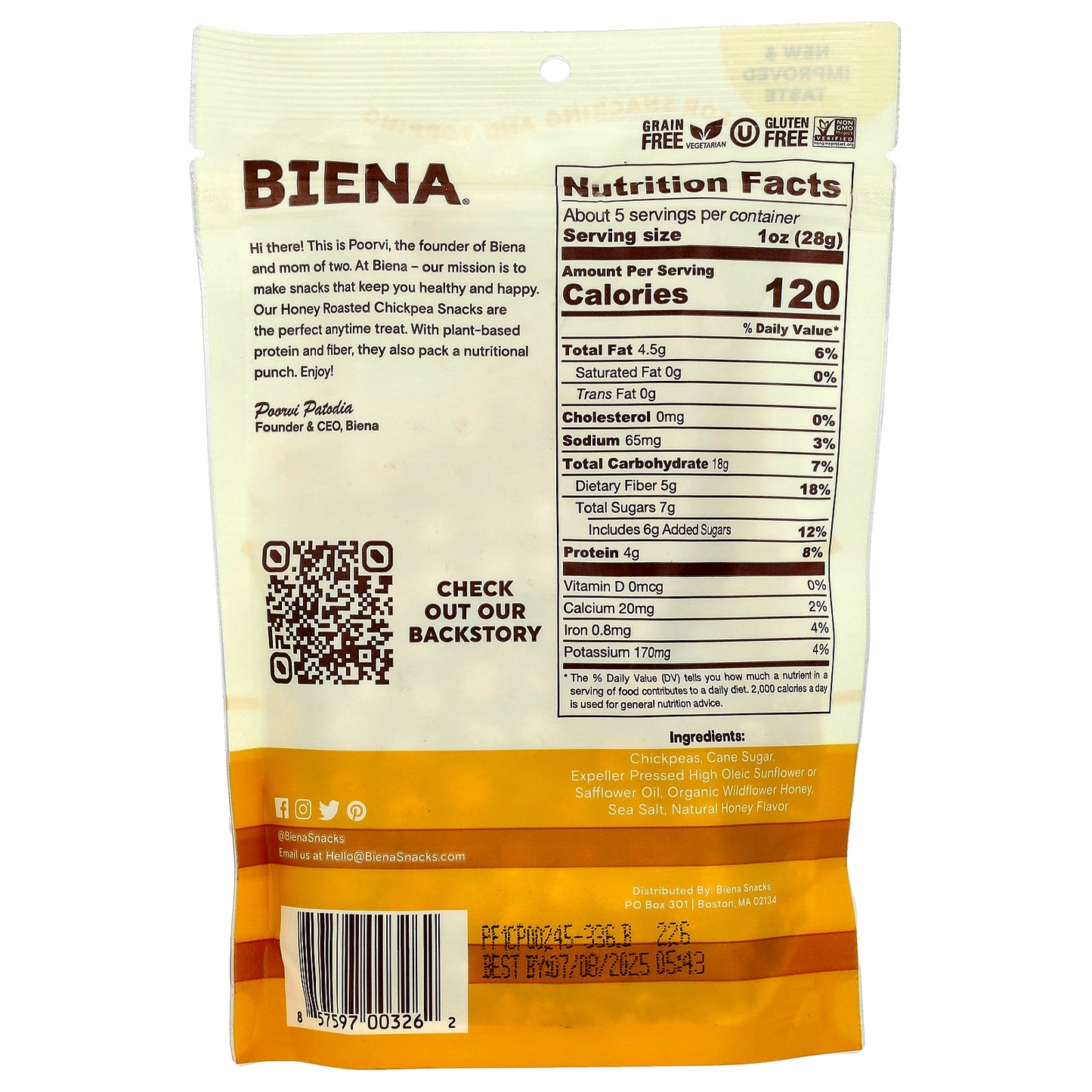 BIENA, Chickpea Snacks, Honey Roasted, 5 oz (142 g)