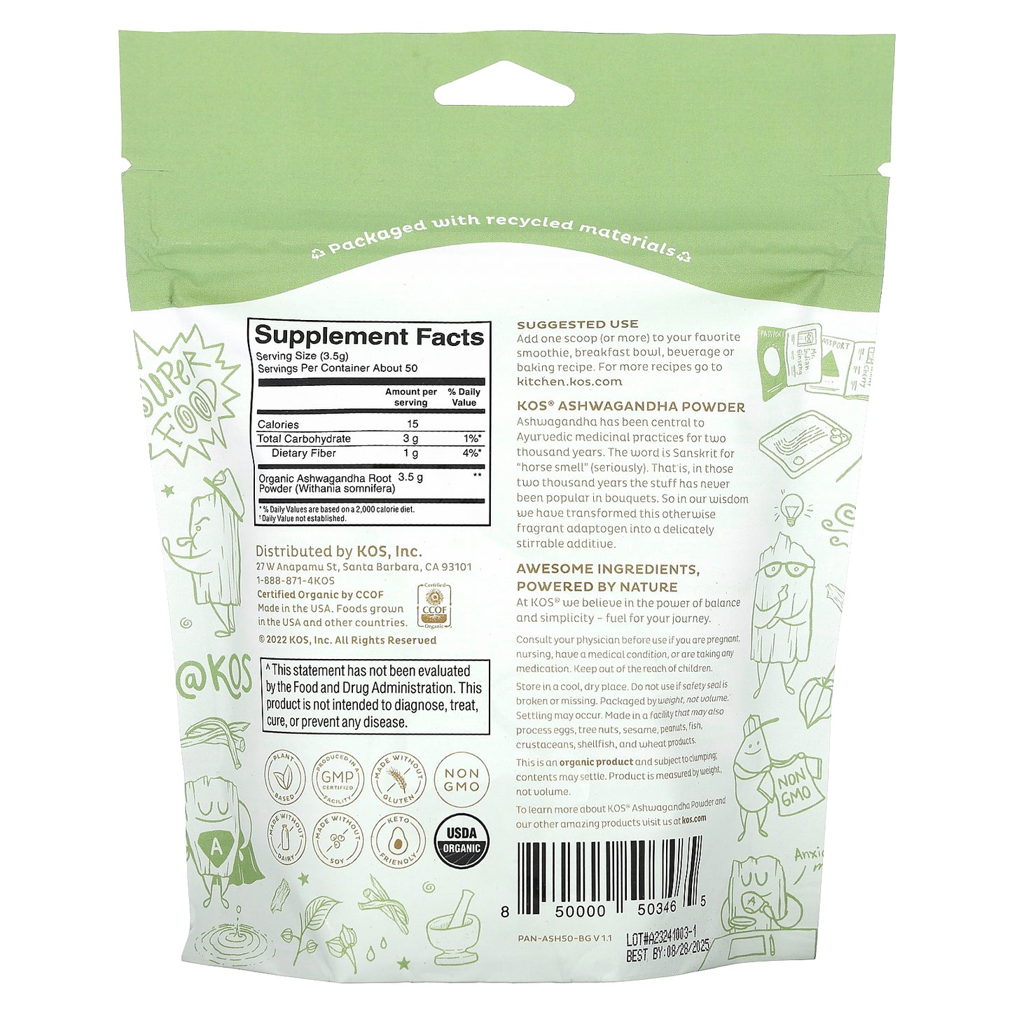 KOS, Organic Ashwagandha Powder, 6.2 oz (175 g)