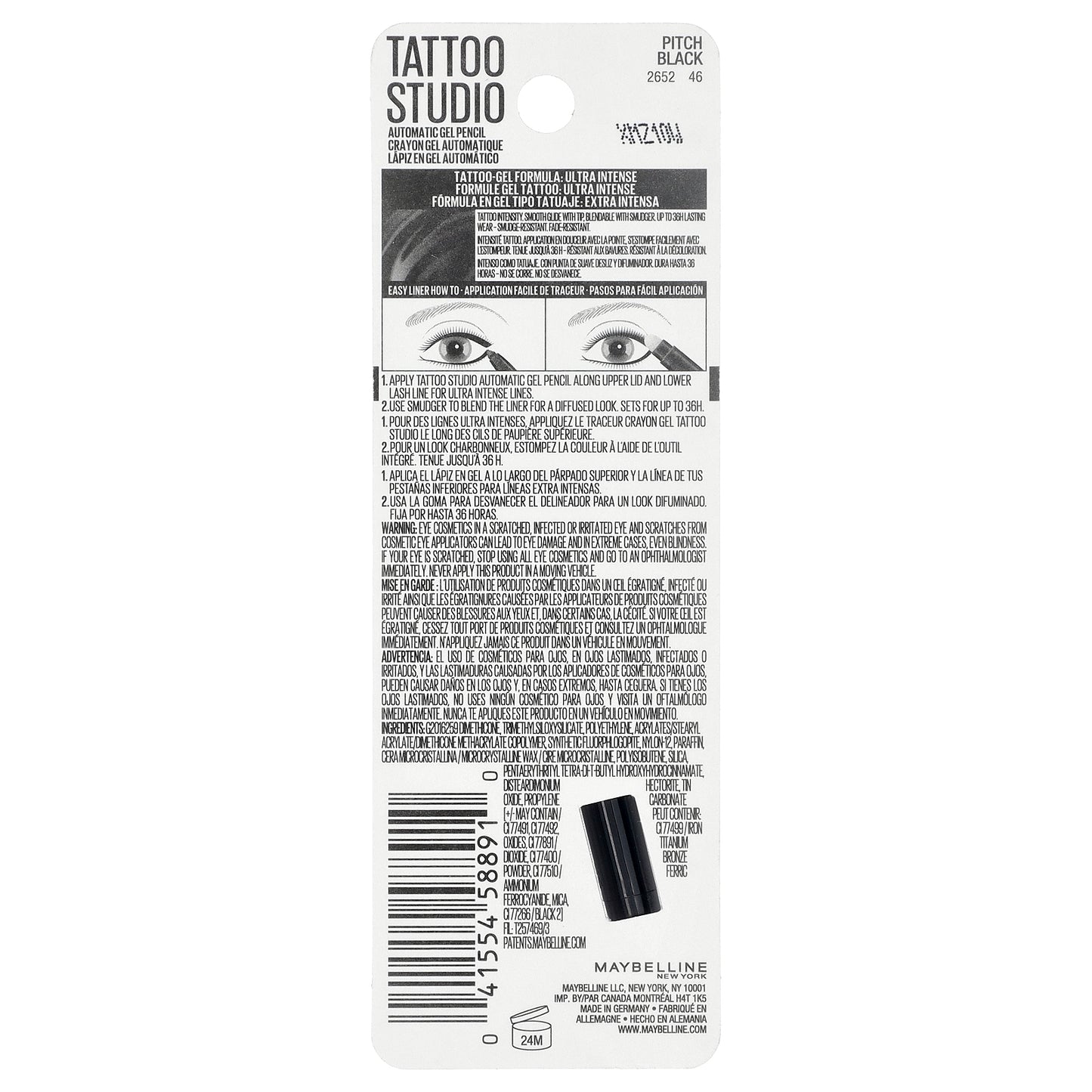 Maybelline, Tattoo Studio, Automatic Gel Pencil Eyeliner, 010 Pitch Black, 0.01 oz (280 mg)