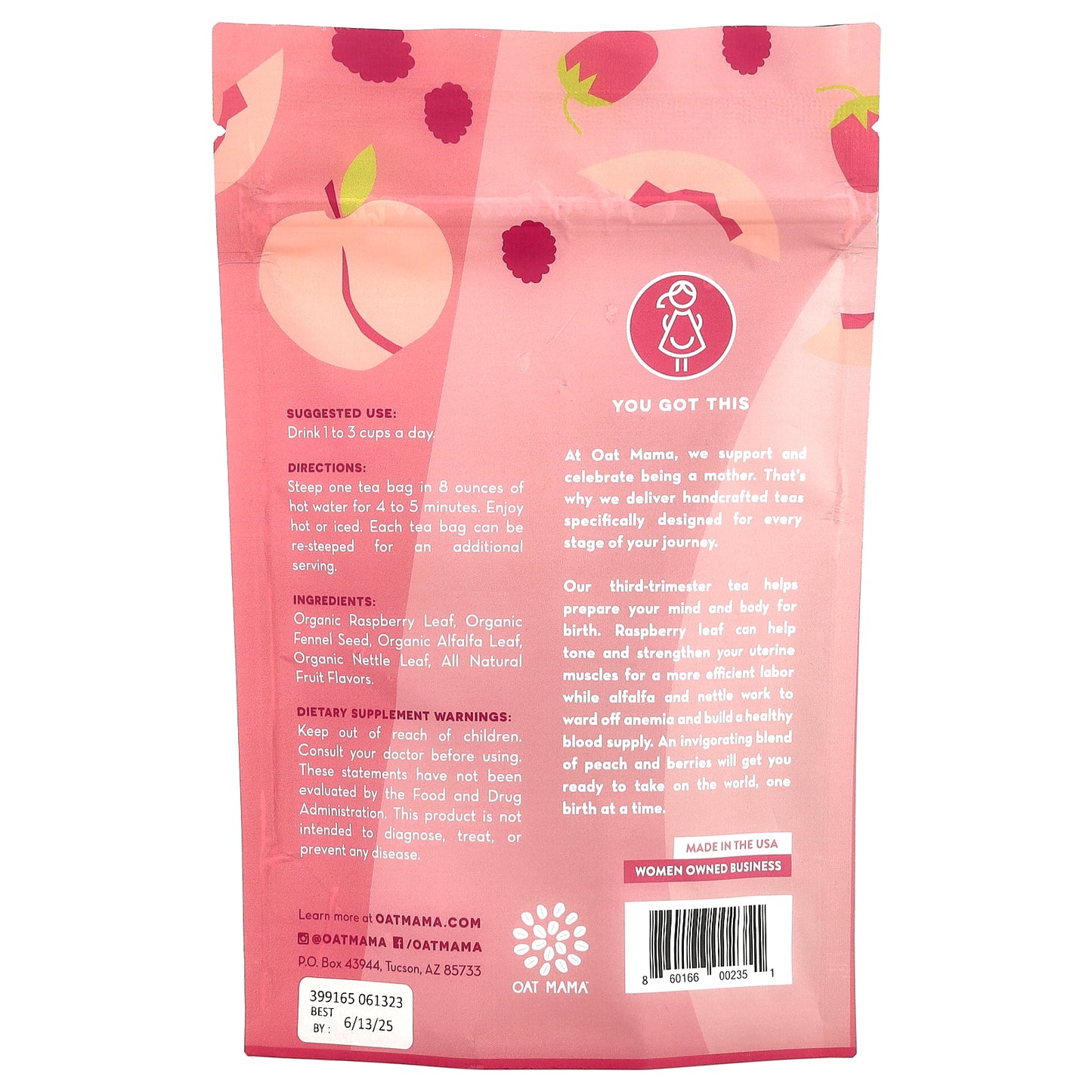 Oat Mama, Labor Prep Tea, Peach Berry, Caffeine Free, 14 Tea Bags, 32 g