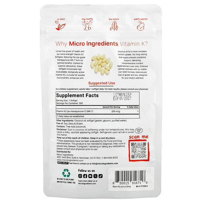 Micro Ingredients, Vitamin K2, MK-7, 200 mcg, 300 Softgels