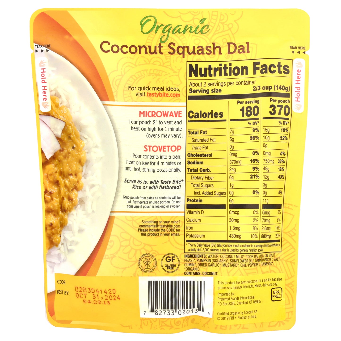 Tasty Bite, Organic Indian Coconut Squash Dal, Mild,  10 oz (285 g)