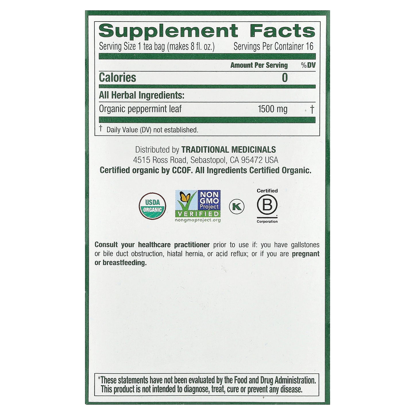 Traditional Medicinals, Organic Peppermint, Caffeine Free, 16 Wrapped Tea Bags, 0.85 oz (24 g)