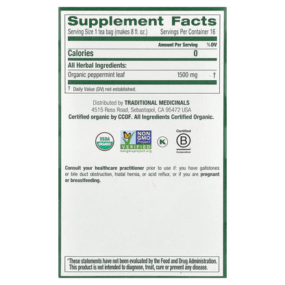 Traditional Medicinals, Organic Peppermint, Caffeine Free, 16 Wrapped Tea Bags, 0.85 oz (24 g)