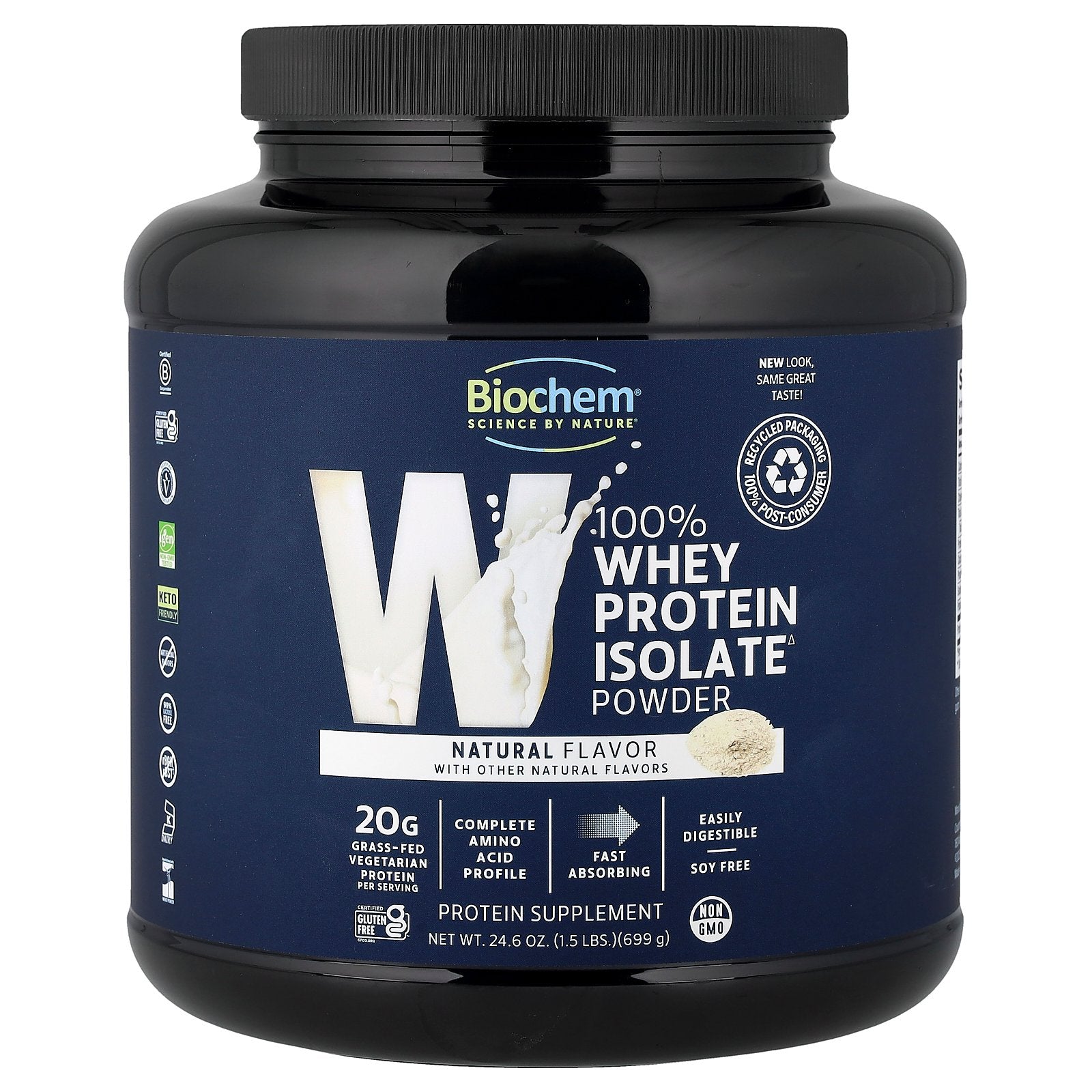 Biochem, 100% Whey Protein Isolate Powder, Natural, 1.5 lbs (699 g)