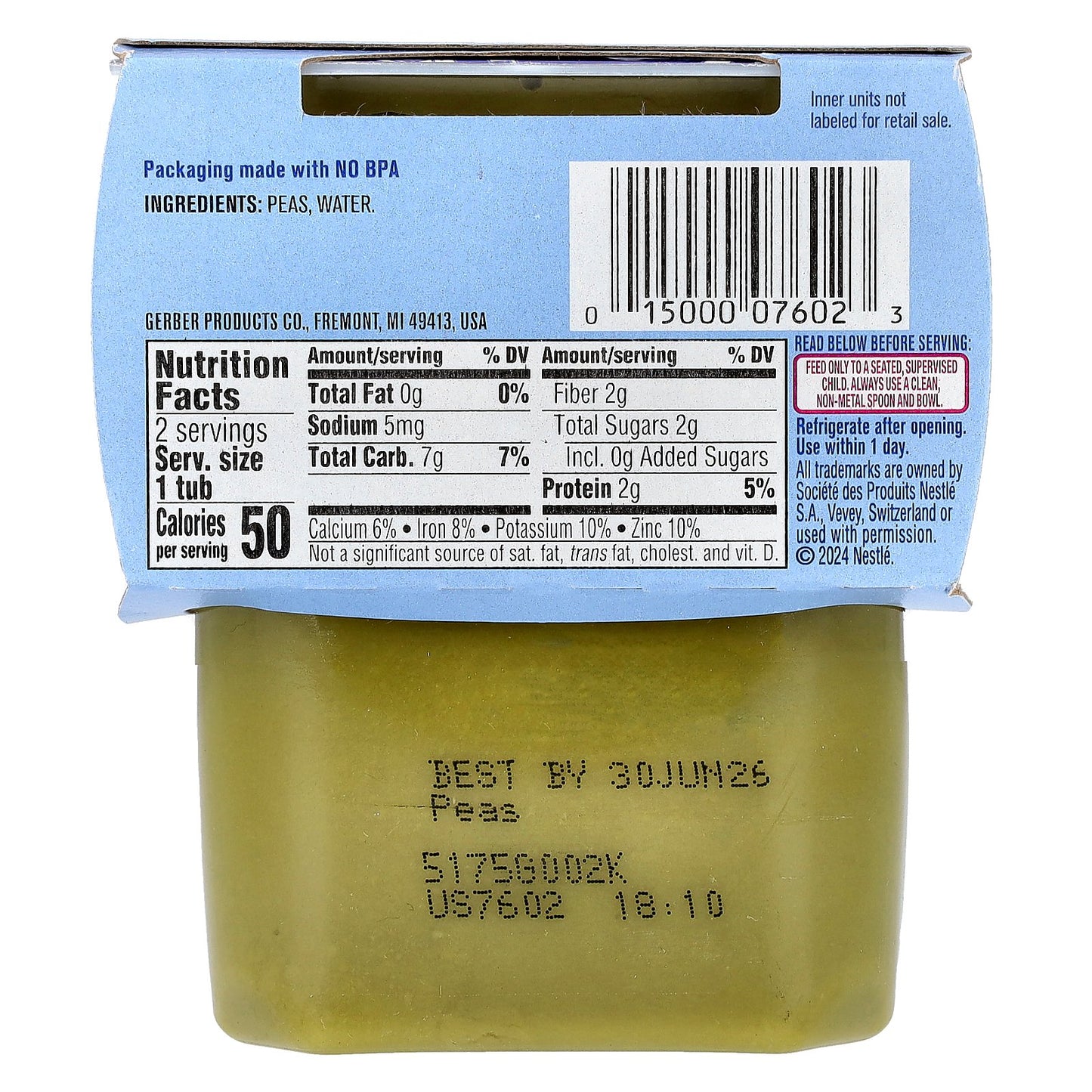 Gerber, Natural for Baby, 2nd Foods®, Pea, 2 Pack, 4 oz (113 g) Each