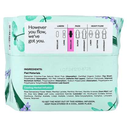 The Honey Pot Company, Organic Cooling Herbal Infusion, Pads with Wings, Regular, 20 Count