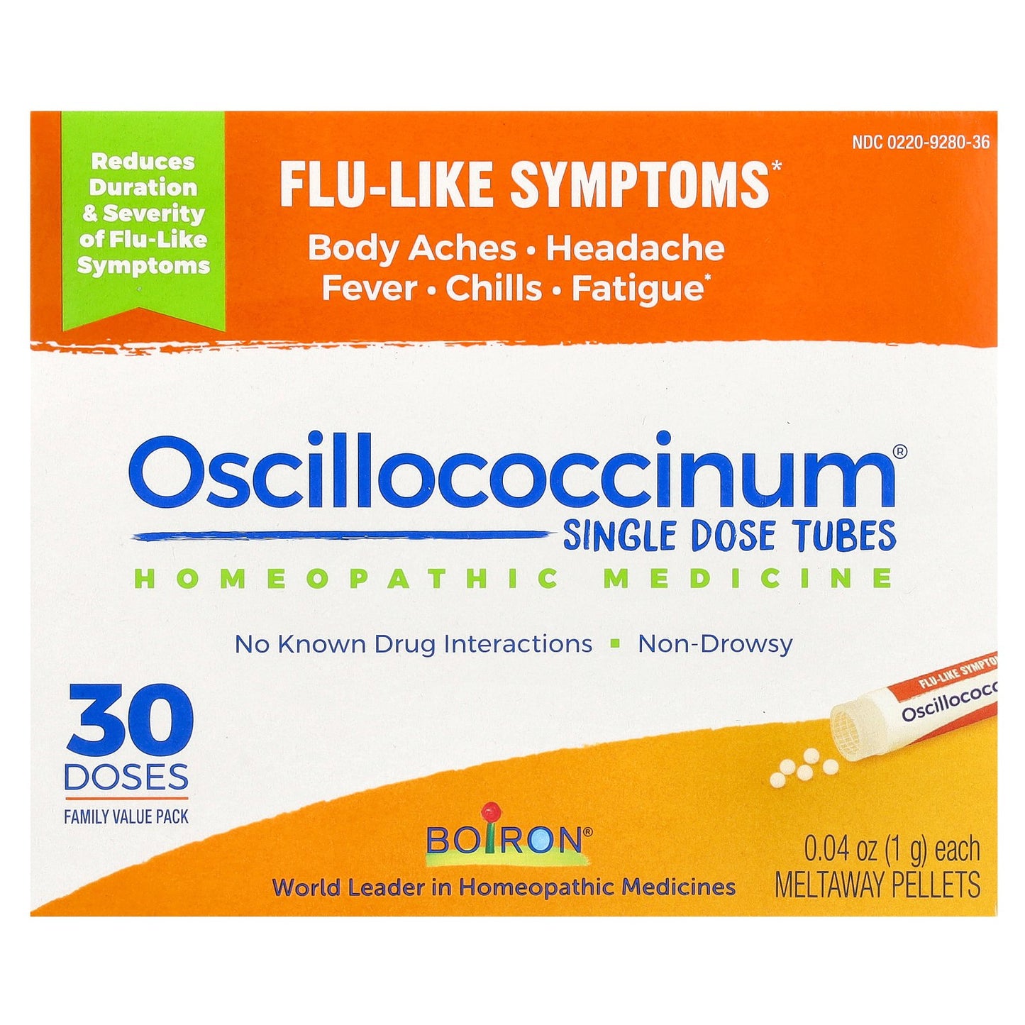 Boiron, Oscillococcinum, Single Dose Tubes, Flu-Like Symptoms, Ages 2+, 30 Meltaway Pellets , 0.04 oz (1 g) Each