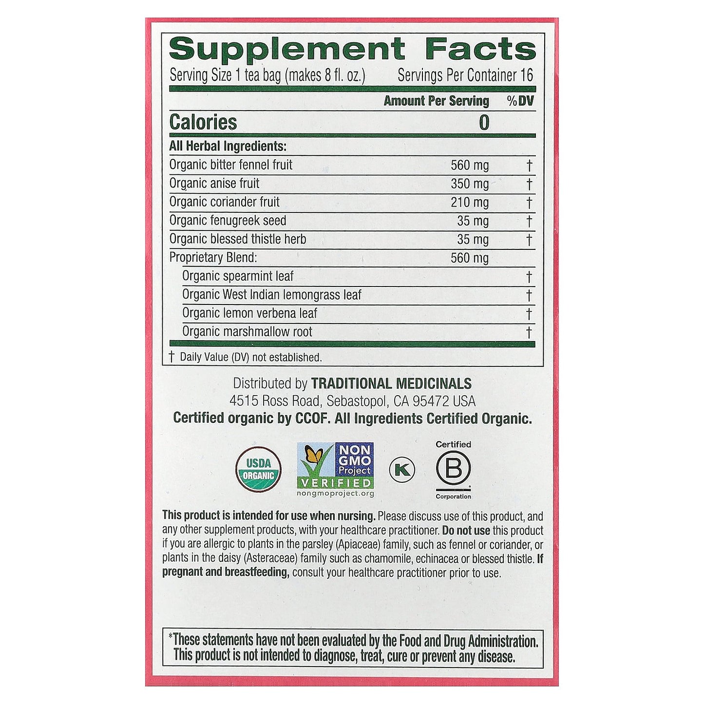 Traditional Medicinals, Organic Mother's Milk®, Original with Fennel & Fenugreek, Caffeine Free, 16 Wrapped Tea Bags, 0.99 oz (28 g)