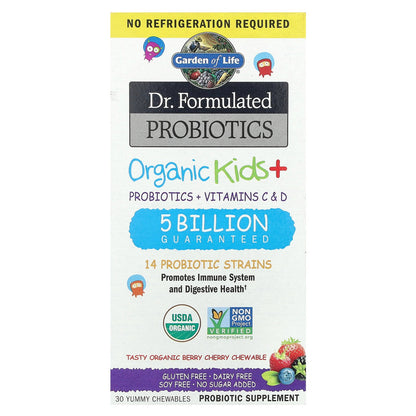 Garden of Life, Dr. Formulated Probiotics, Organic Kids + Probiotics + Vitamins C & D, Tasty Organic Berry Cherry, 30 Yummy Chewables