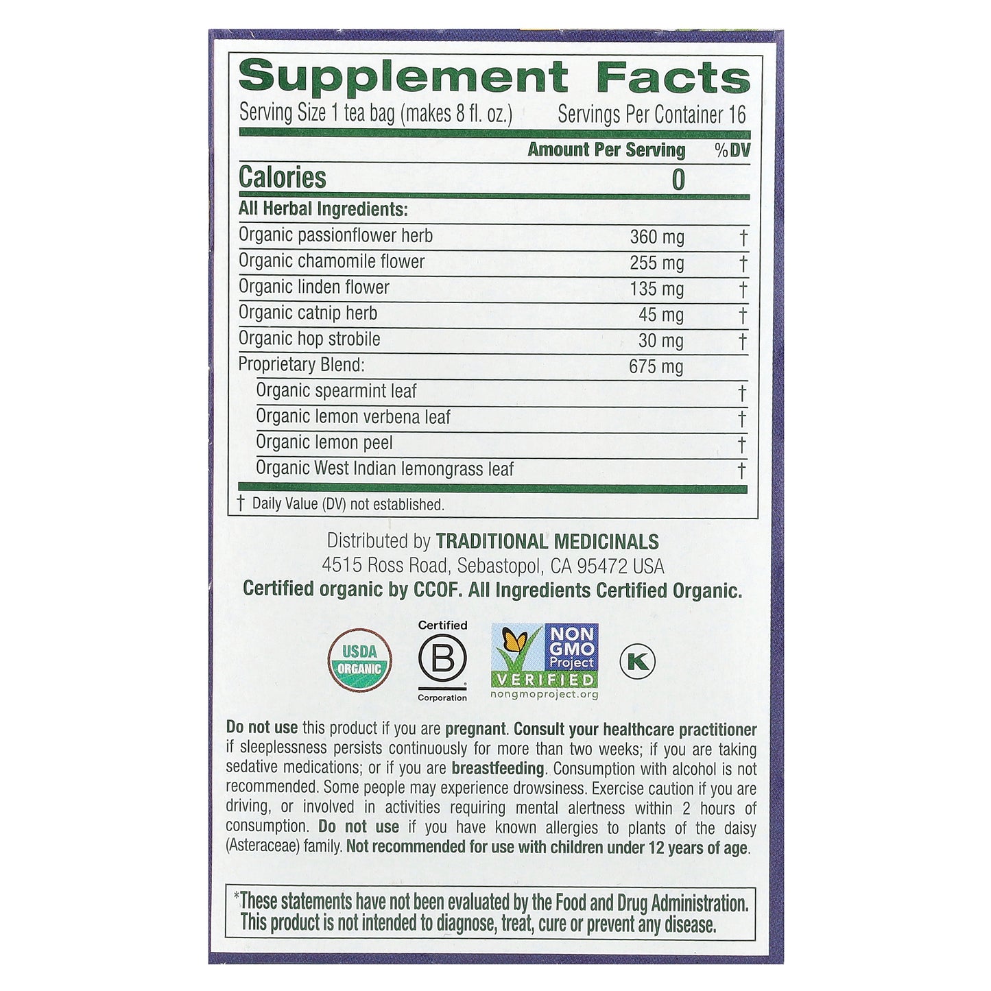 Traditional Medicinals, Organic Nighty Night®, Chamomile & Passionflower, Caffeine Free, 16 Wrapped Tea Bags, 0.85 oz (24 g)