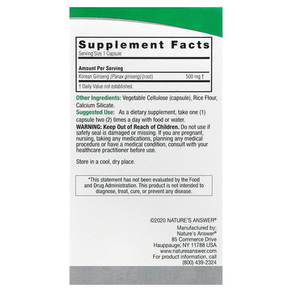 Nature's Answer, Korean Ginseng, 500 mg, 50 Vegetarian Capsules