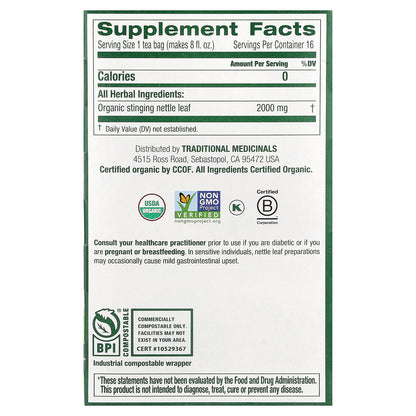 Traditional Medicinals, Organic Nettle Leaf, Caffeine Free, 16 Wrapped Tea Bags, 1.13 oz (32 g)