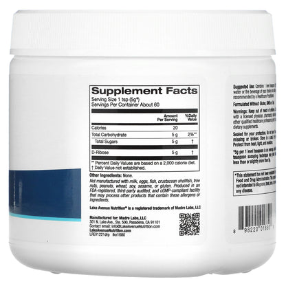 Lake Avenue Nutrition, D-Ribose Powder, Unflavored, 10.6 oz (300 g)