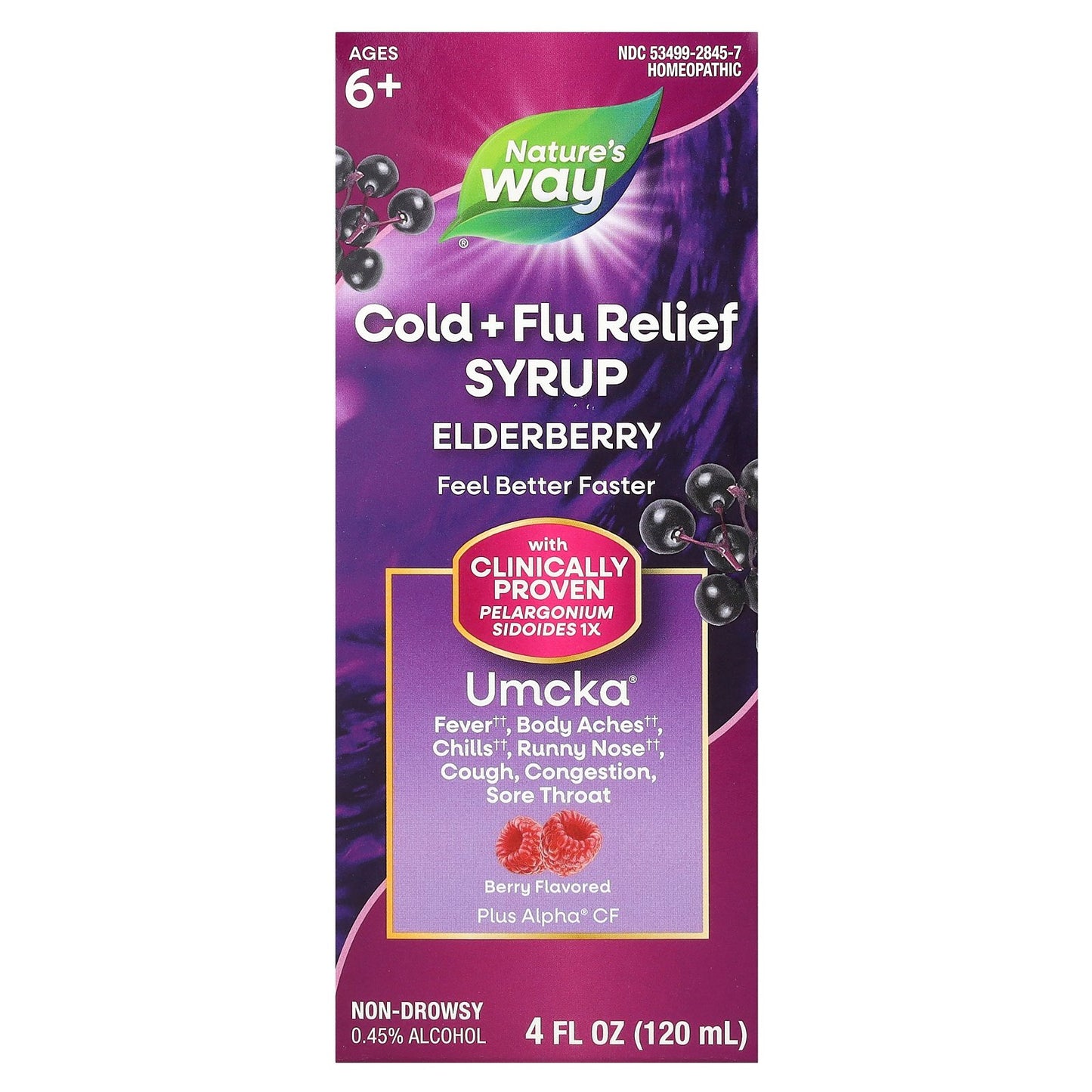 Nature's Way, Cold + Flu Relief Syrup, Elderberry, Umcka®, Ages 6+, Berry, 4 fl oz (120 ml)