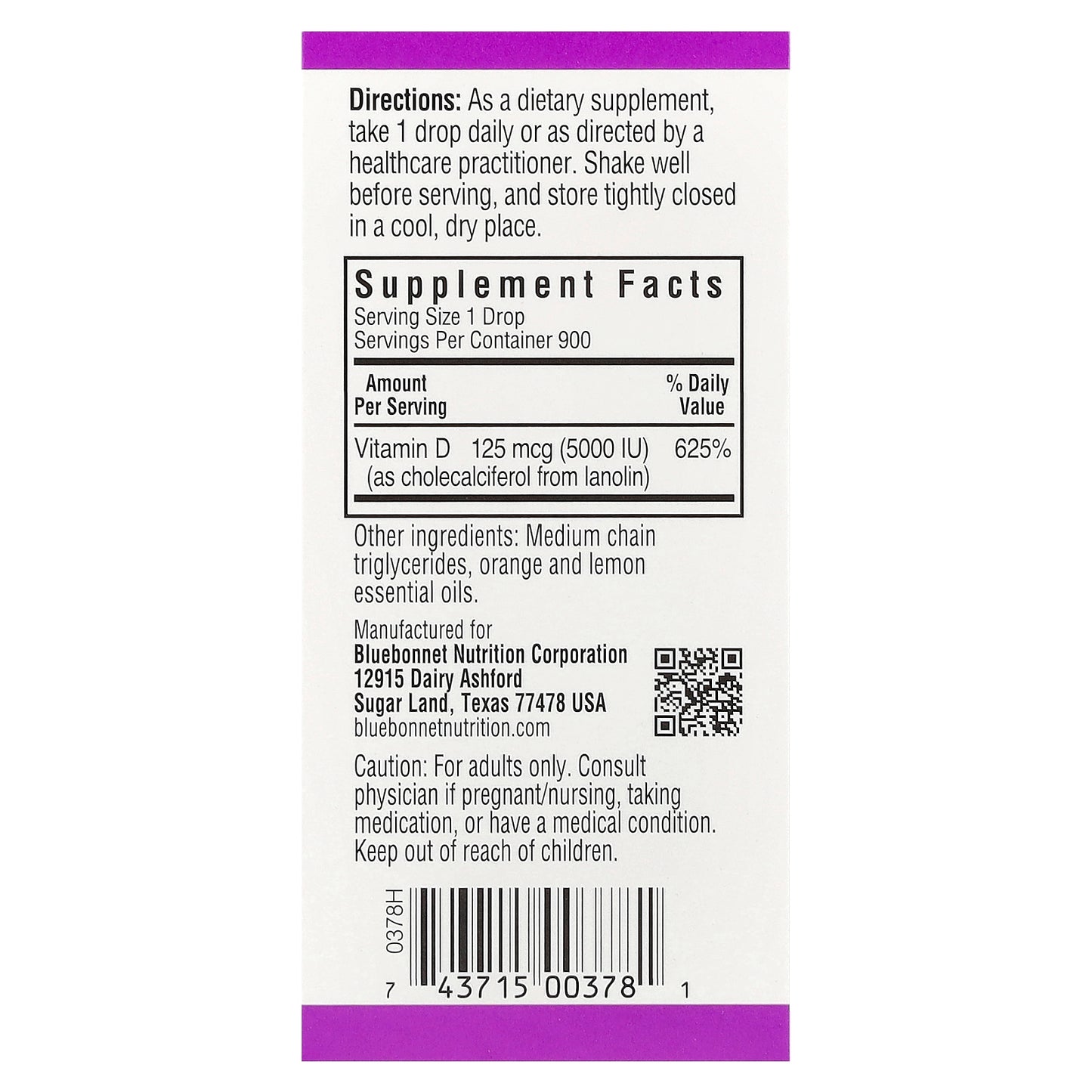 Bluebonnet Nutrition, Liquid Vitamin D3 Drops, Citrus, 125 mcg (5,000 IU), 1 fl oz (30 ml)