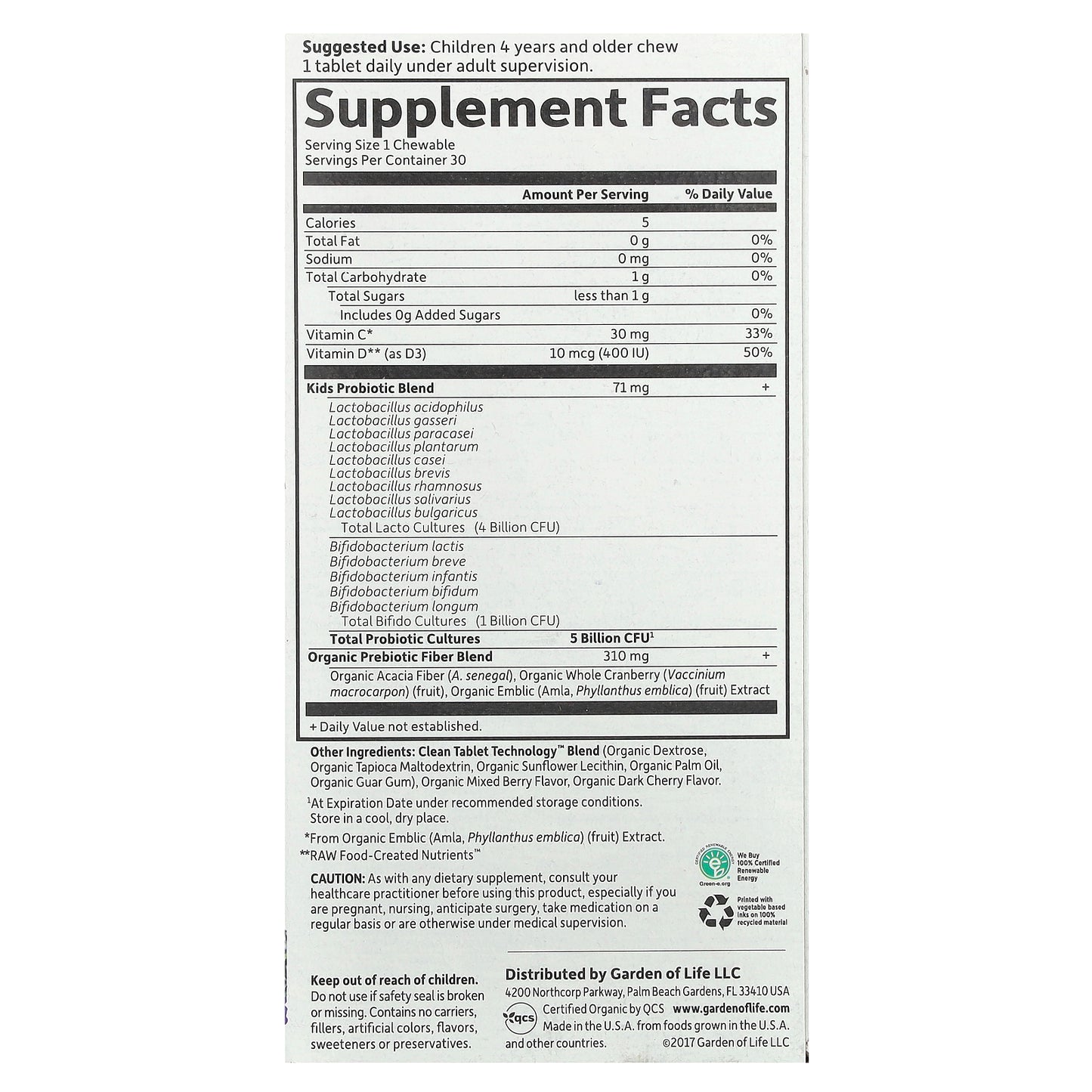 Garden of Life, Dr. Formulated Probiotics, Organic Kids + Probiotics + Vitamins C & D, Tasty Organic Berry Cherry, 30 Yummy Chewables