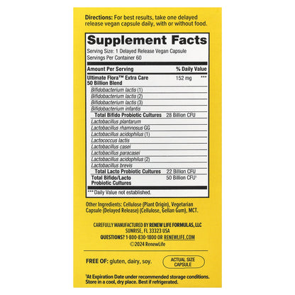 Renew Life, Extra Care Ultimate Flora™ Probiotic, 50 Billion CFU, 60 Delayed Release Vegan Capsules