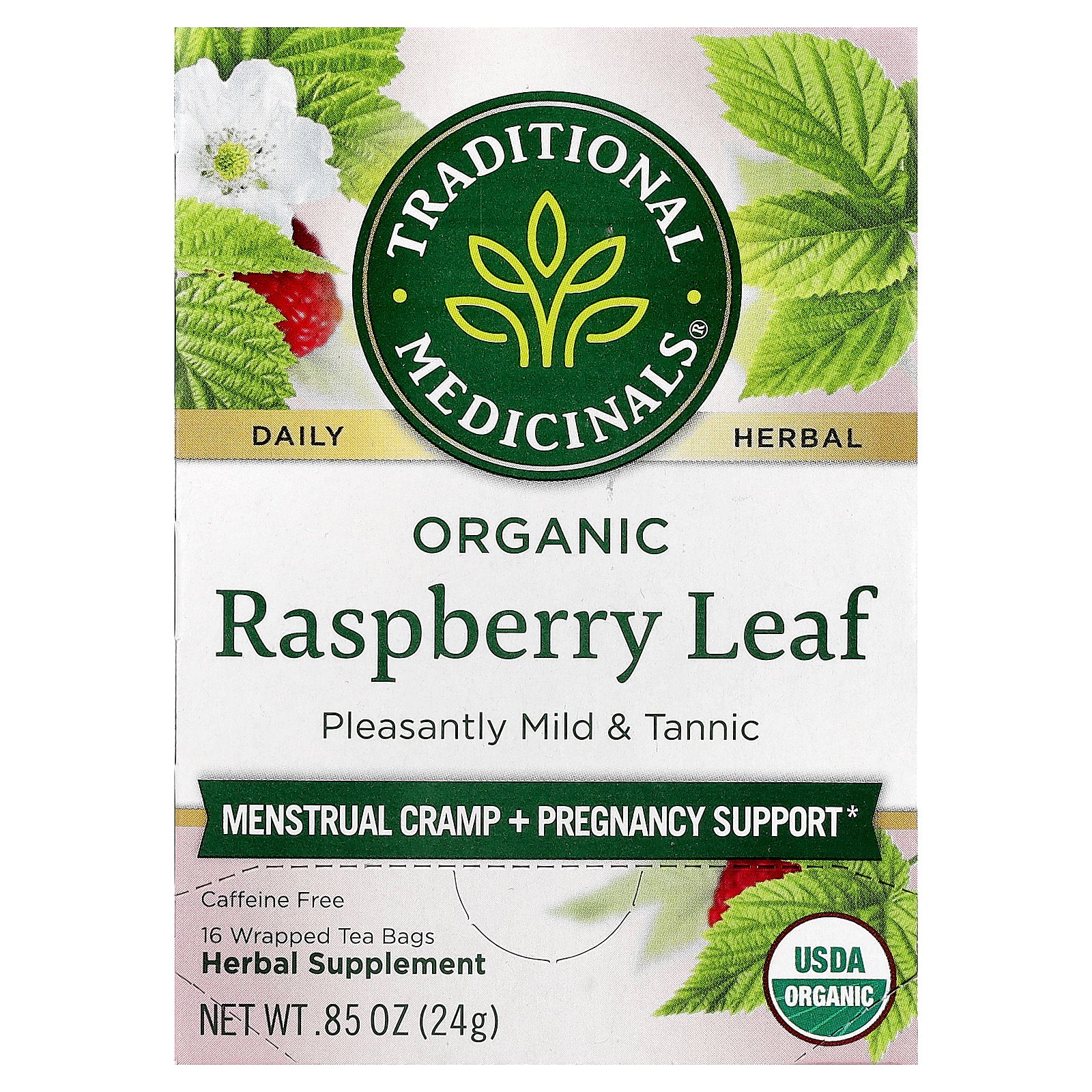 Traditional Medicinals, Organic Raspberry Leaf, Caffeine Free, 16 Wrapped Tea Bags, 0.85 oz (24 g)