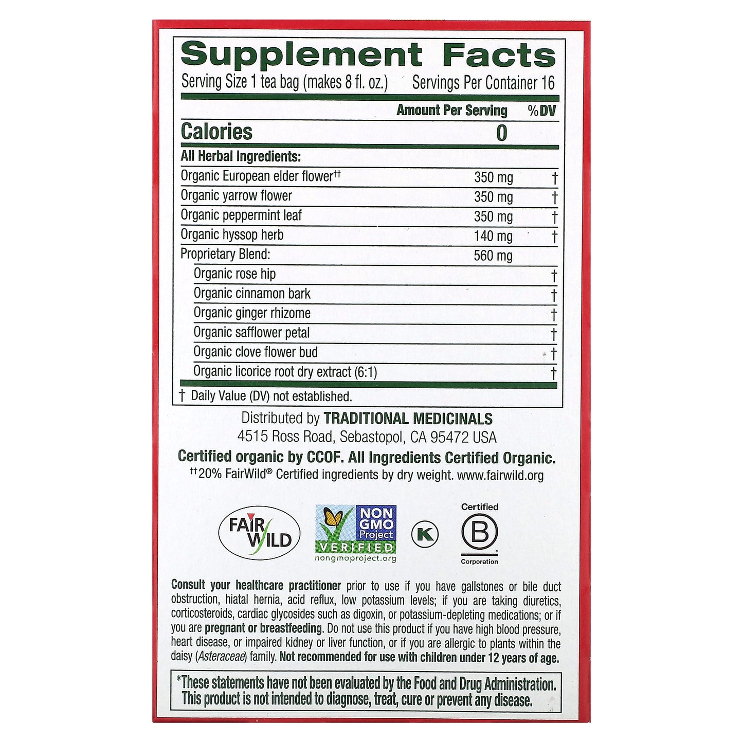 Traditional Medicinals, Organic Herbal Cold Care™, Elderflower Spice, Caffeine Free, 16 Wrapped Tea Bags, 0.99 oz (28 g)