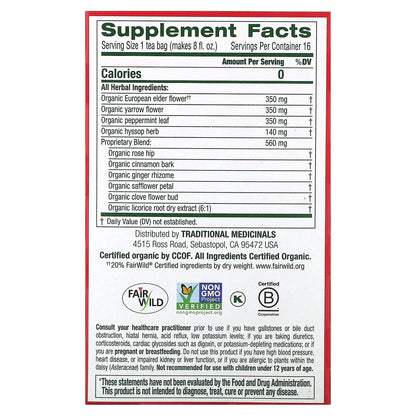 Traditional Medicinals, Organic Herbal Cold Care™, Elderflower Spice, Caffeine Free, 16 Wrapped Tea Bags, 0.99 oz (28 g)