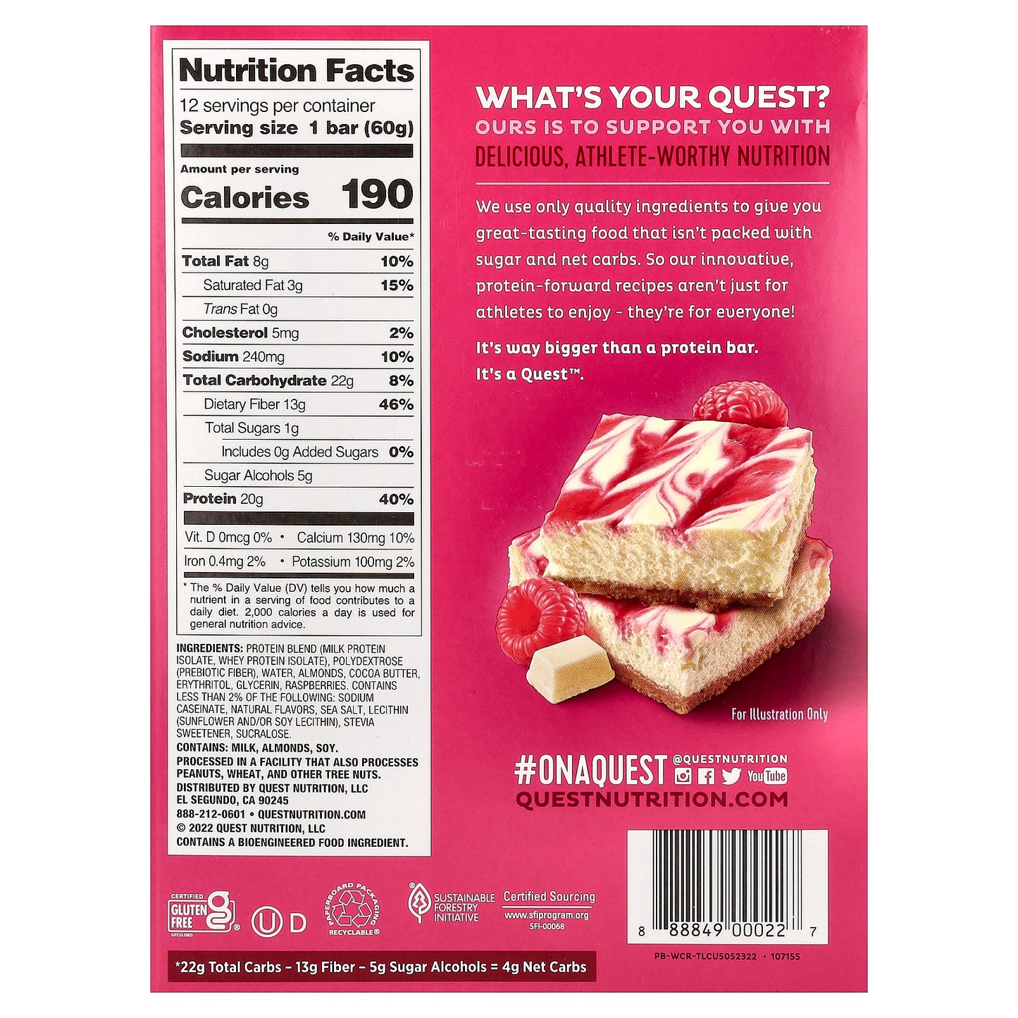Quest Nutrition, Protein Bar, White Chocolate Raspberry, 12 Bars, 2.12 oz (60 g) Each