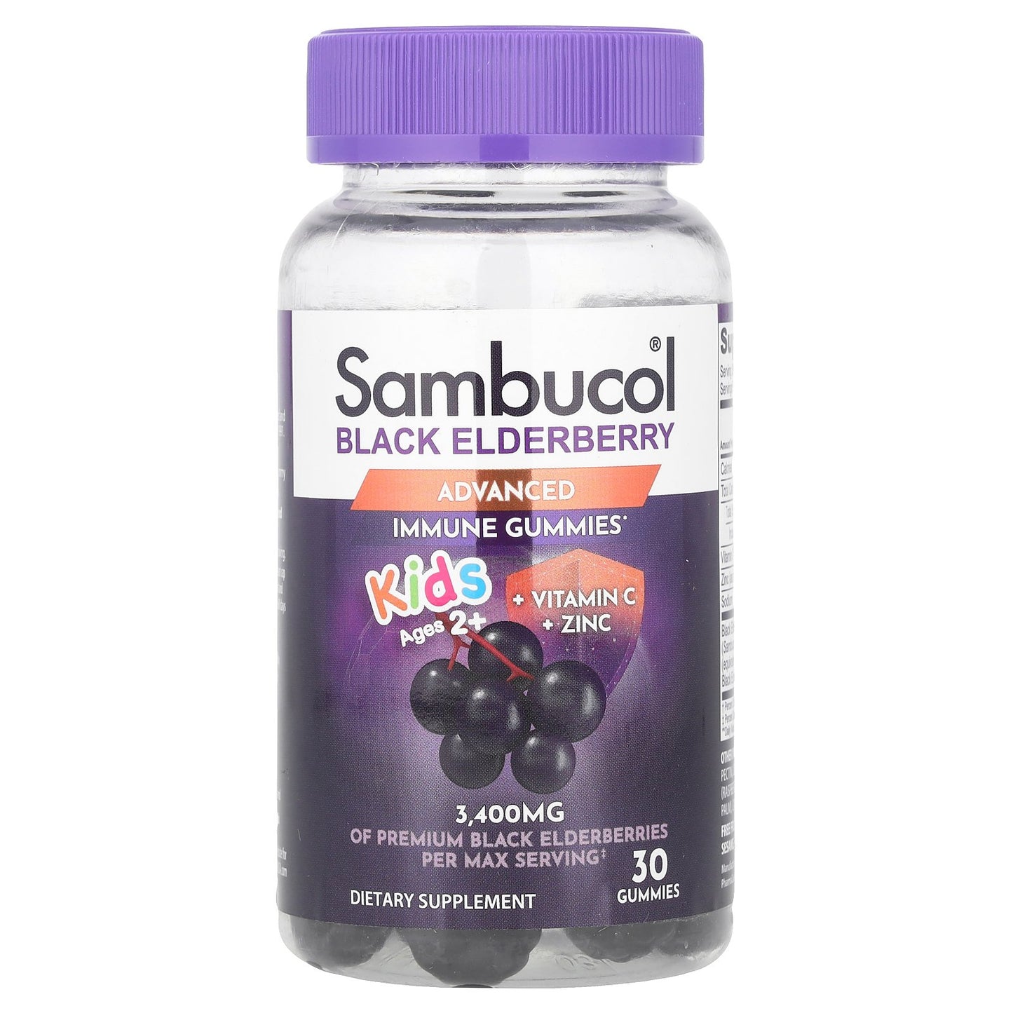 Sambucol, Kids Black Elderberry Gummies + Vitamin C  + Zinc, Ages 2+, 30 Gummies