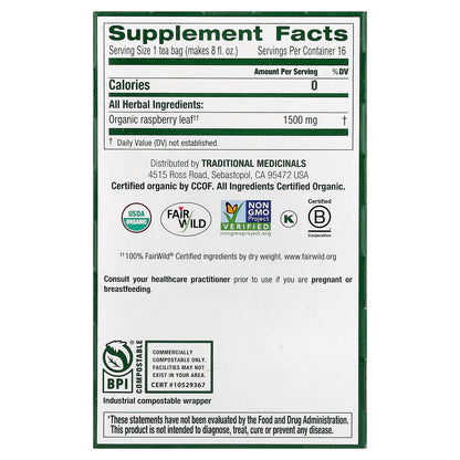 Traditional Medicinals, Organic Raspberry Leaf, Caffeine Free, 16 Wrapped Tea Bags, 0.85 oz (24 g)