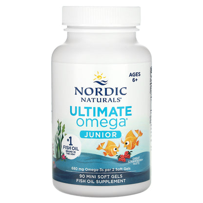 Nordic Naturals, Ultimate Omega Junior,  Ages 6+, Strawberry, 680 mg, 90 Mini Soft Gels (340 mg per Soft Gel)