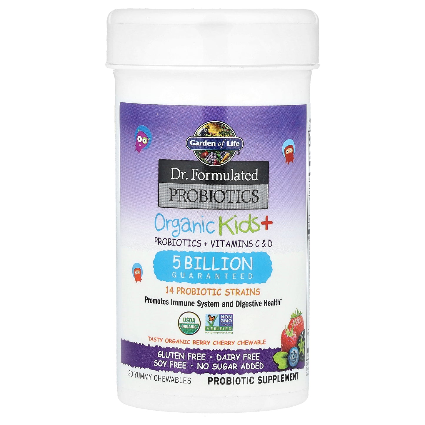 Garden of Life, Dr. Formulated Probiotics, Organic Kids + Probiotics + Vitamins C & D, Tasty Organic Berry Cherry, 30 Yummy Chewables
