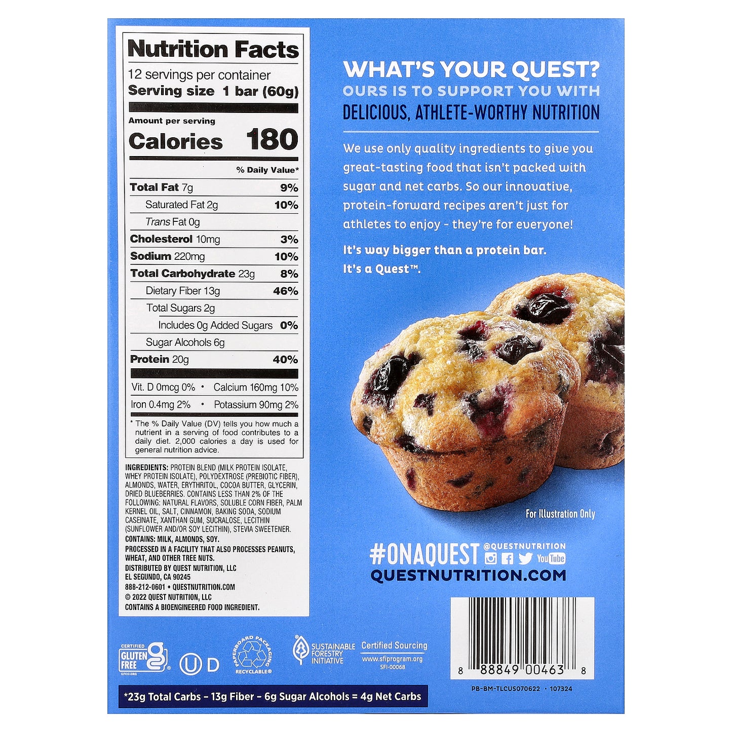 Quest Nutrition, Protein Bar, Blueberry Muffin, 12 Bars, 2.12 oz (60 g) Each