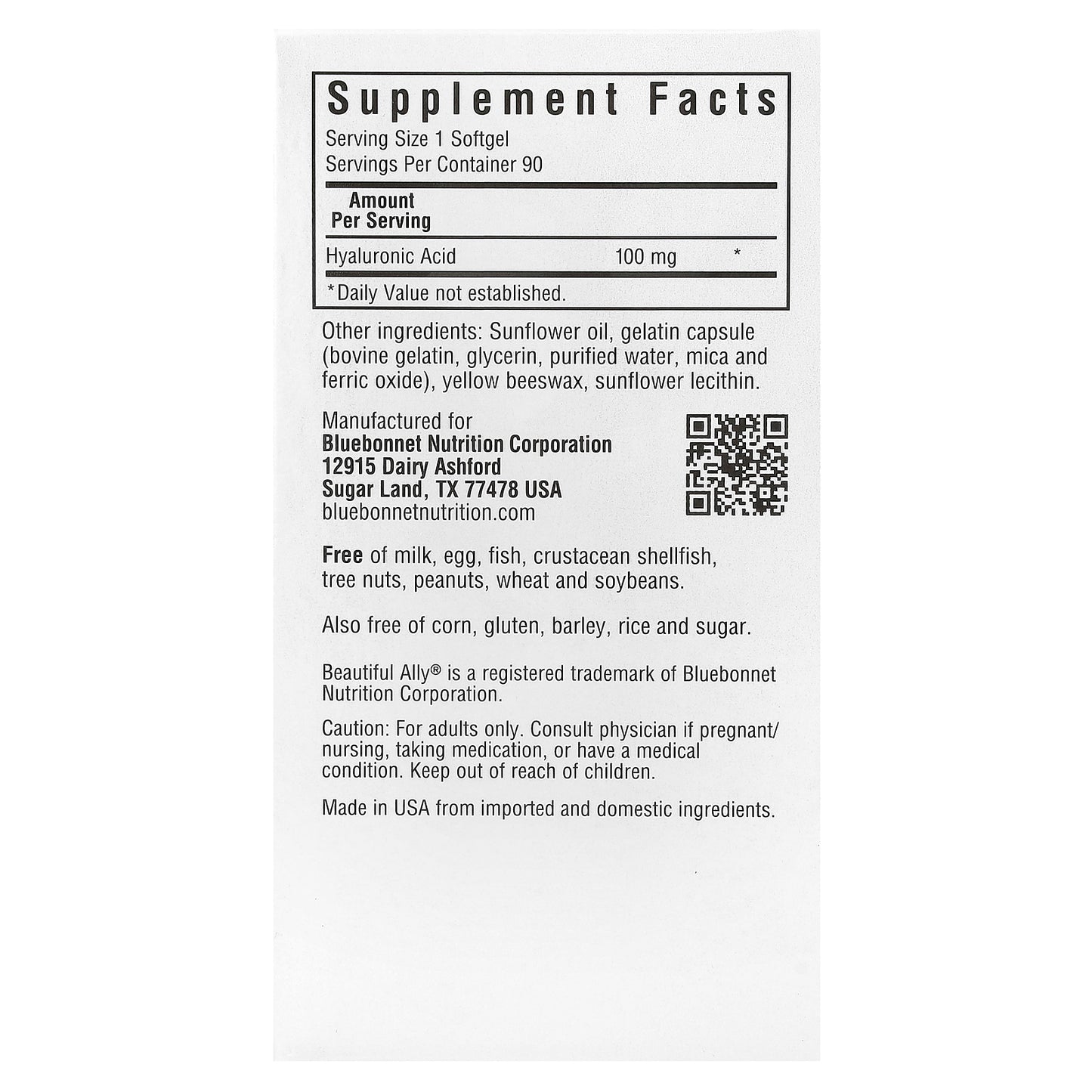 Bluebonnet Nutrition, Beautiful Ally, Hyaluronic Acid, 100 mg, 90 Softgels
