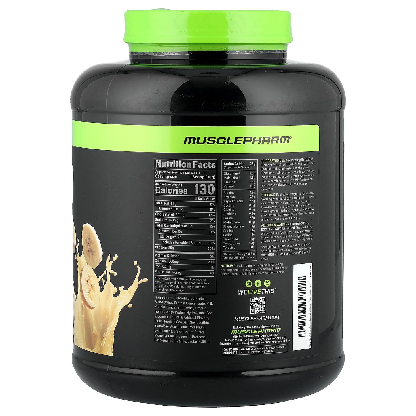 MusclePharm, Combat® Protein Powder, Banana Cream, 4.1 lbs (1.84 kg)