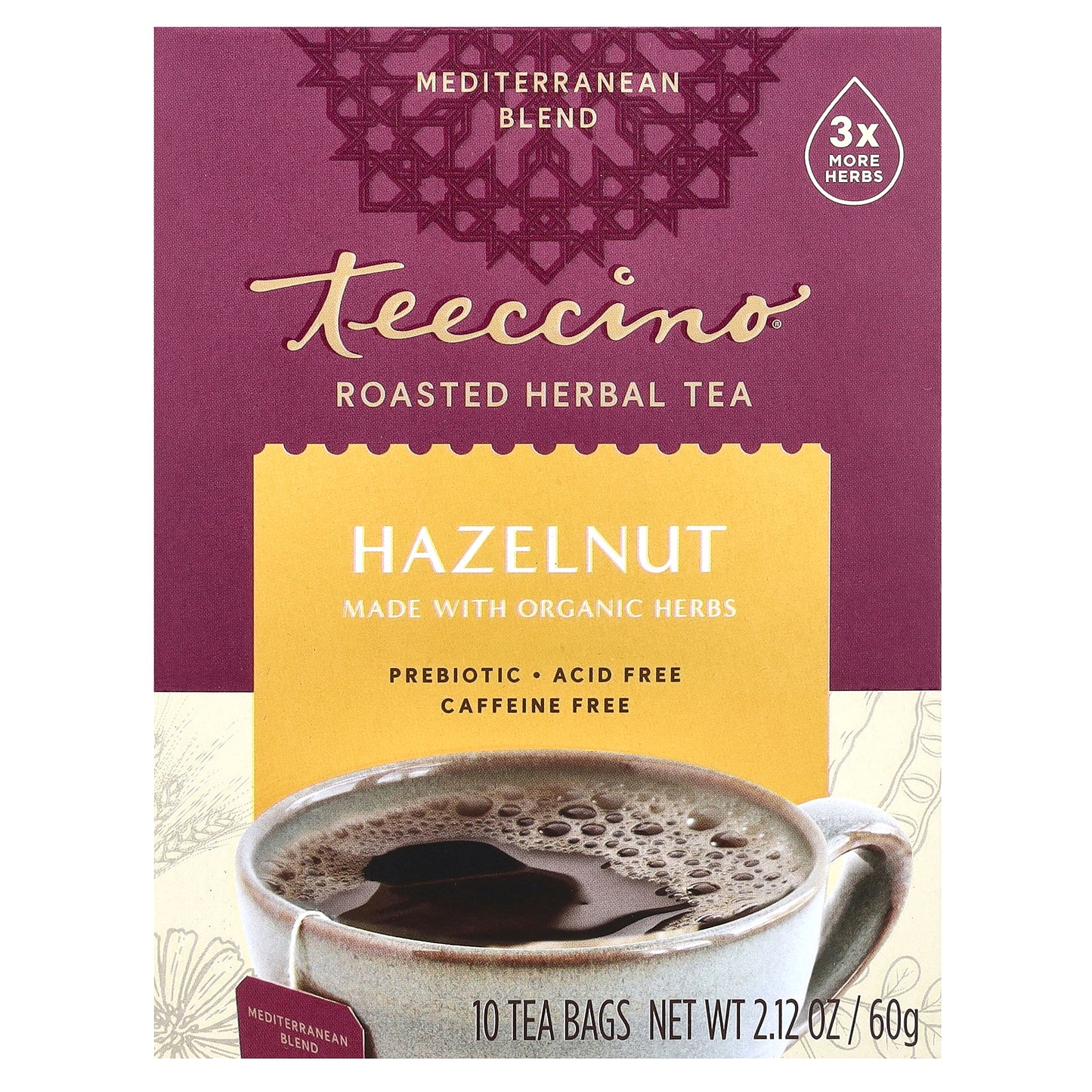 Teeccino, Roasted Herbal Tea, Hazelnut, Caffeine Free, 10 Tea Bags, 2.12 oz (60 g)