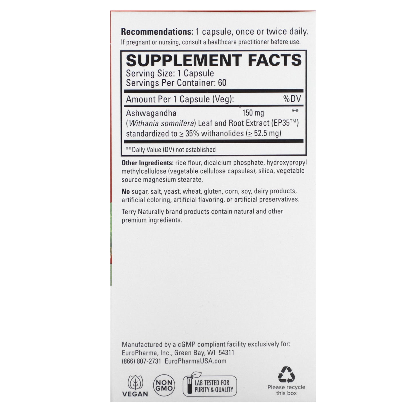 Terry Naturally, Ashwagandha EP35, 60 Capsules (150 mg per Capsule)