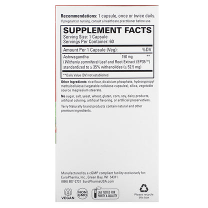 Terry Naturally, Ashwagandha EP35, 60 Capsules (150 mg per Capsule)