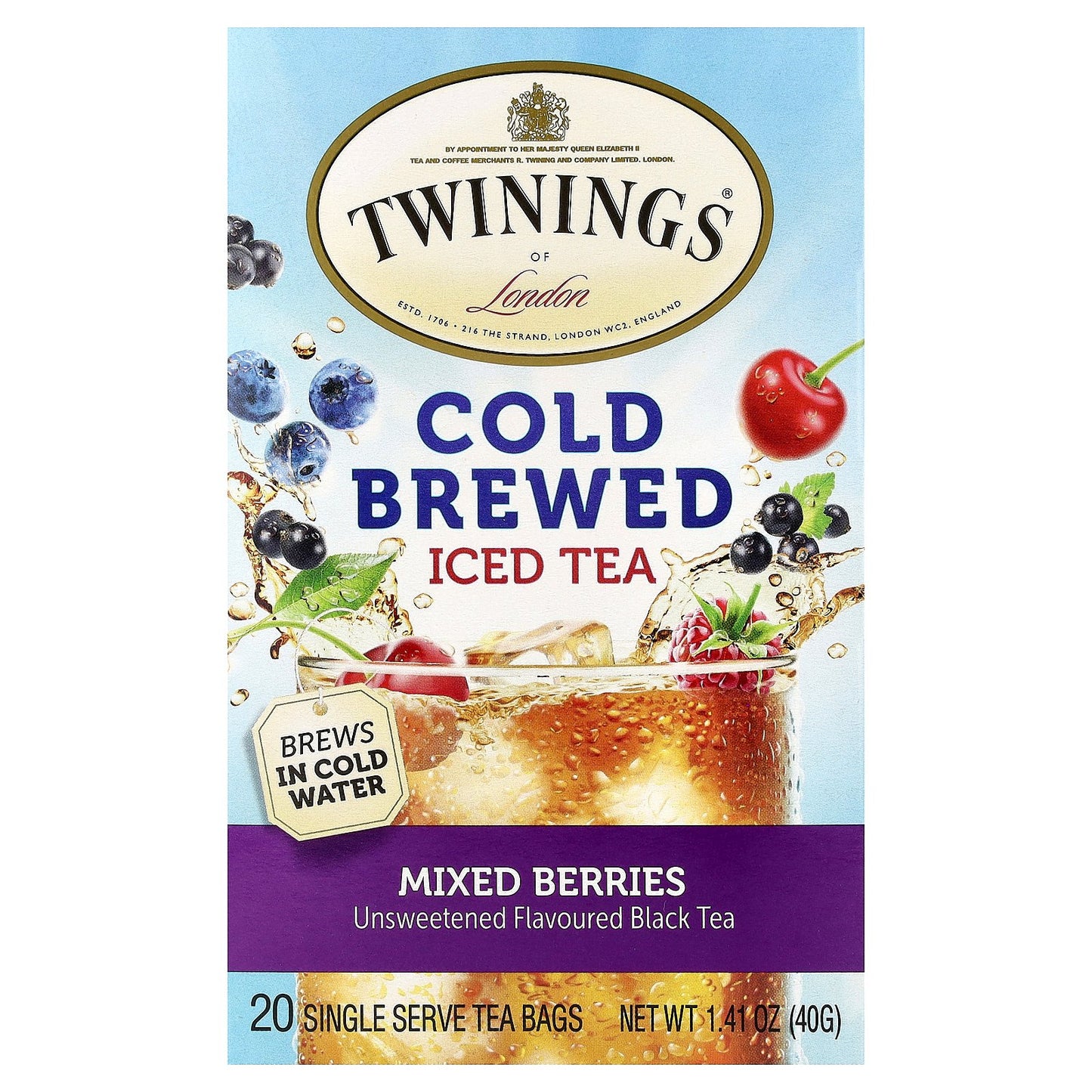 Twinings, Cold Brewed Iced Tea, Black Tea, Mixed Berries, Unsweetened, 20 Single Serve Tea Bags, 1.41 oz (40 g)