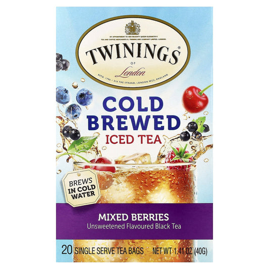Twinings, Cold Brewed Iced Tea, Black Tea, Mixed Berries, Unsweetened, 20 Single Serve Tea Bags, 1.41 oz (40 g)